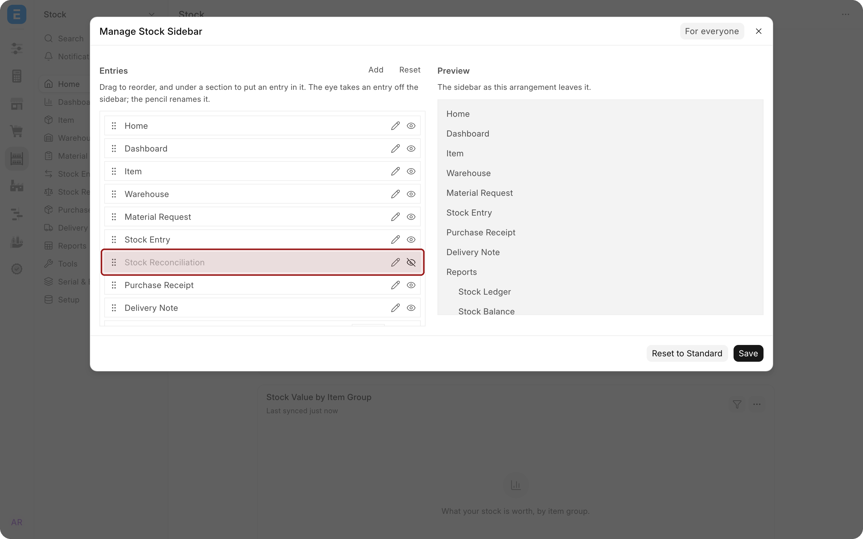 The editor with Stock Reconciliation hidden: its row is grayed out, the eye is crossed out, and it no longer appears in the preview. The row is highlighted.
