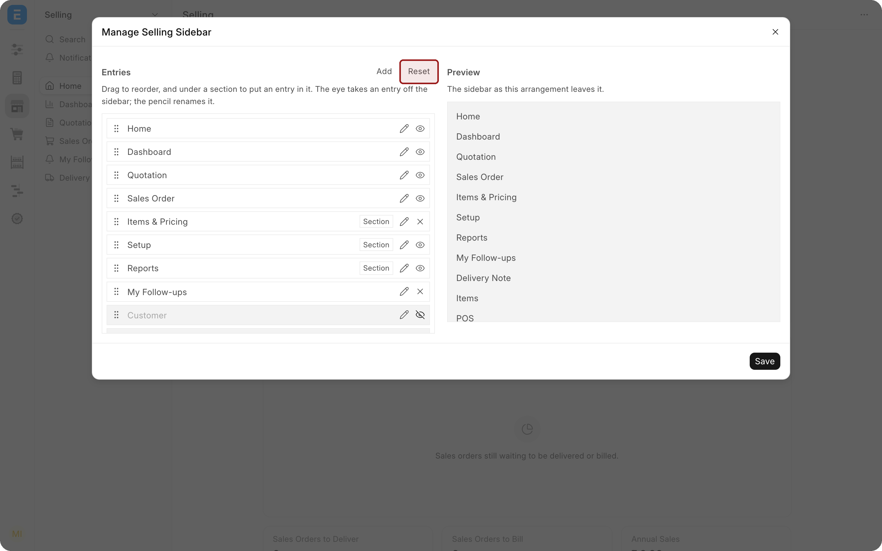 The Manage Selling Sidebar window for a user without the Workspace Manager role, showing her personal arrangement carried over from before the upgrade, including My Follow-ups and a hidden Customer entry.