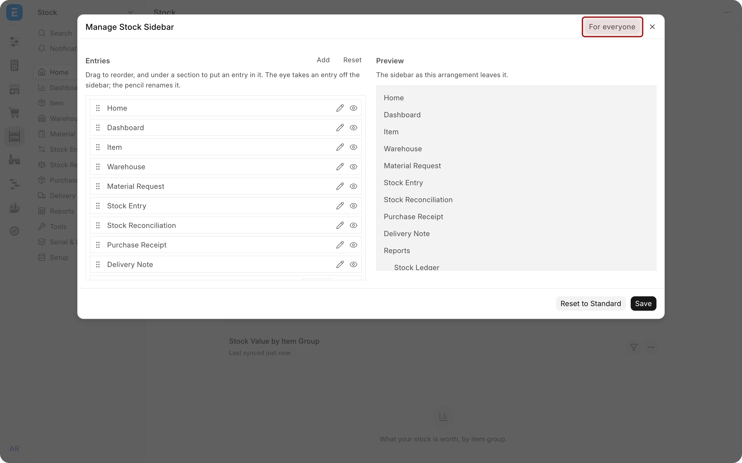 The Manage Stock Sidebar window with the For everyone switch in the top right corner highlighted.
