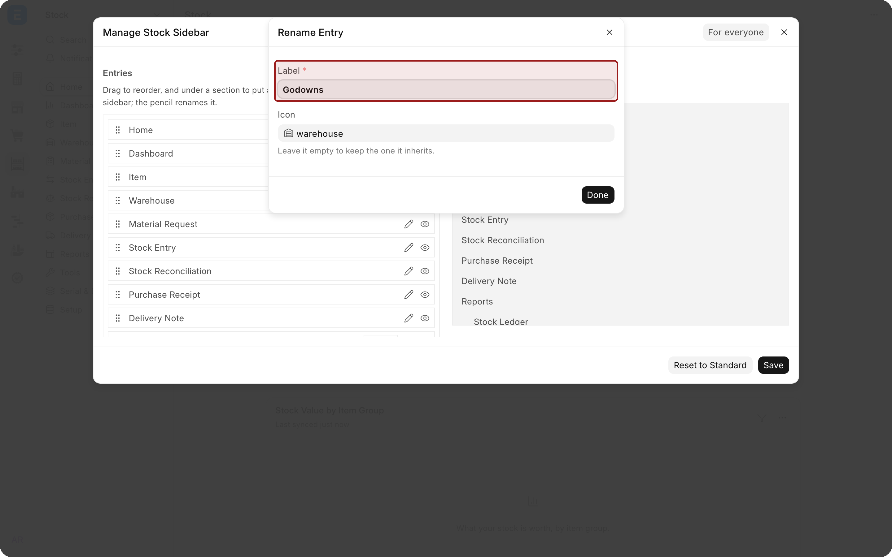 The Rename Entry window over the editor, with Godowns typed in the Label field. The Label field is highlighted.