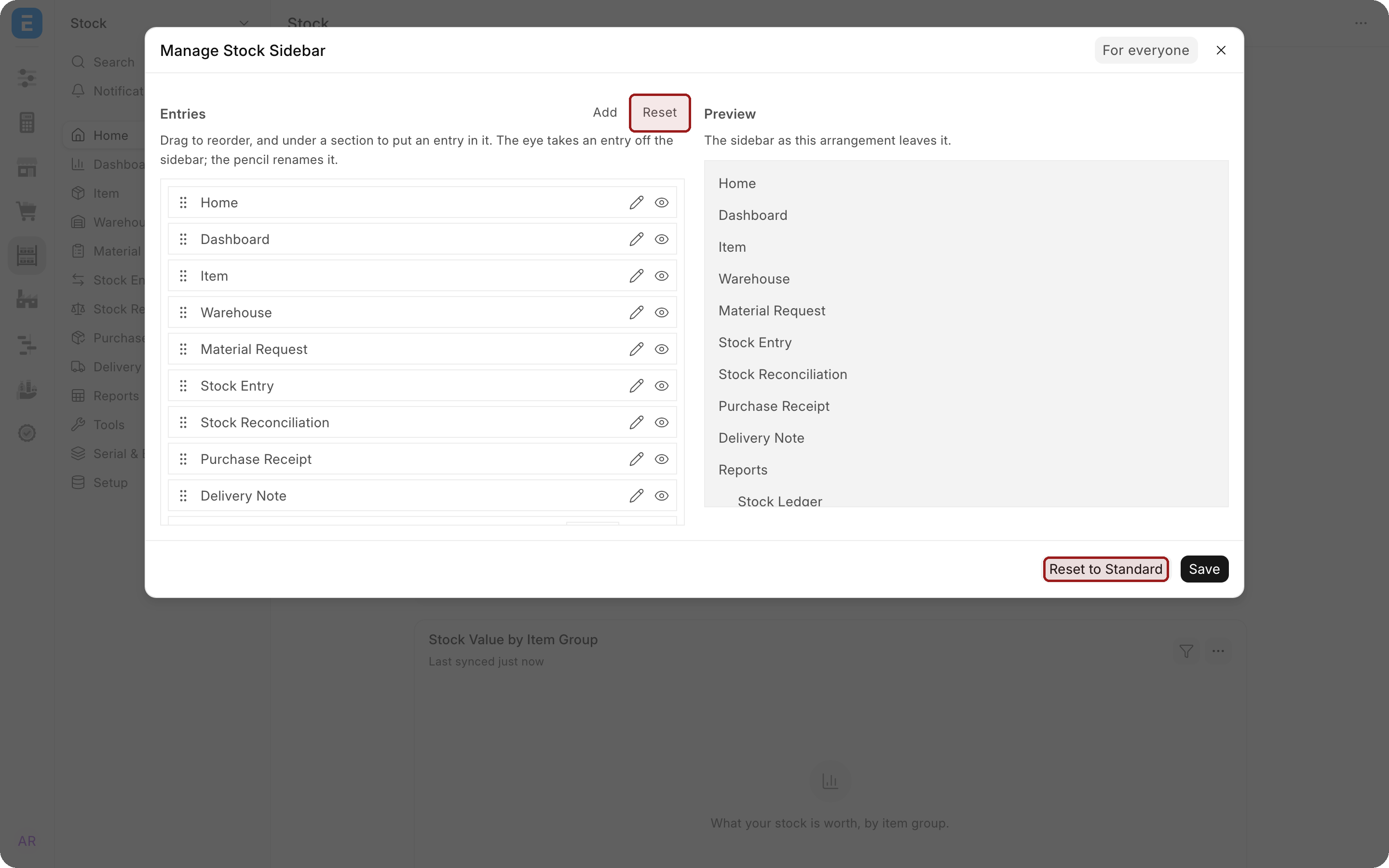 The editor with the Reset button above the list highlighted, and the Reset to Standard button in the footer highlighted.