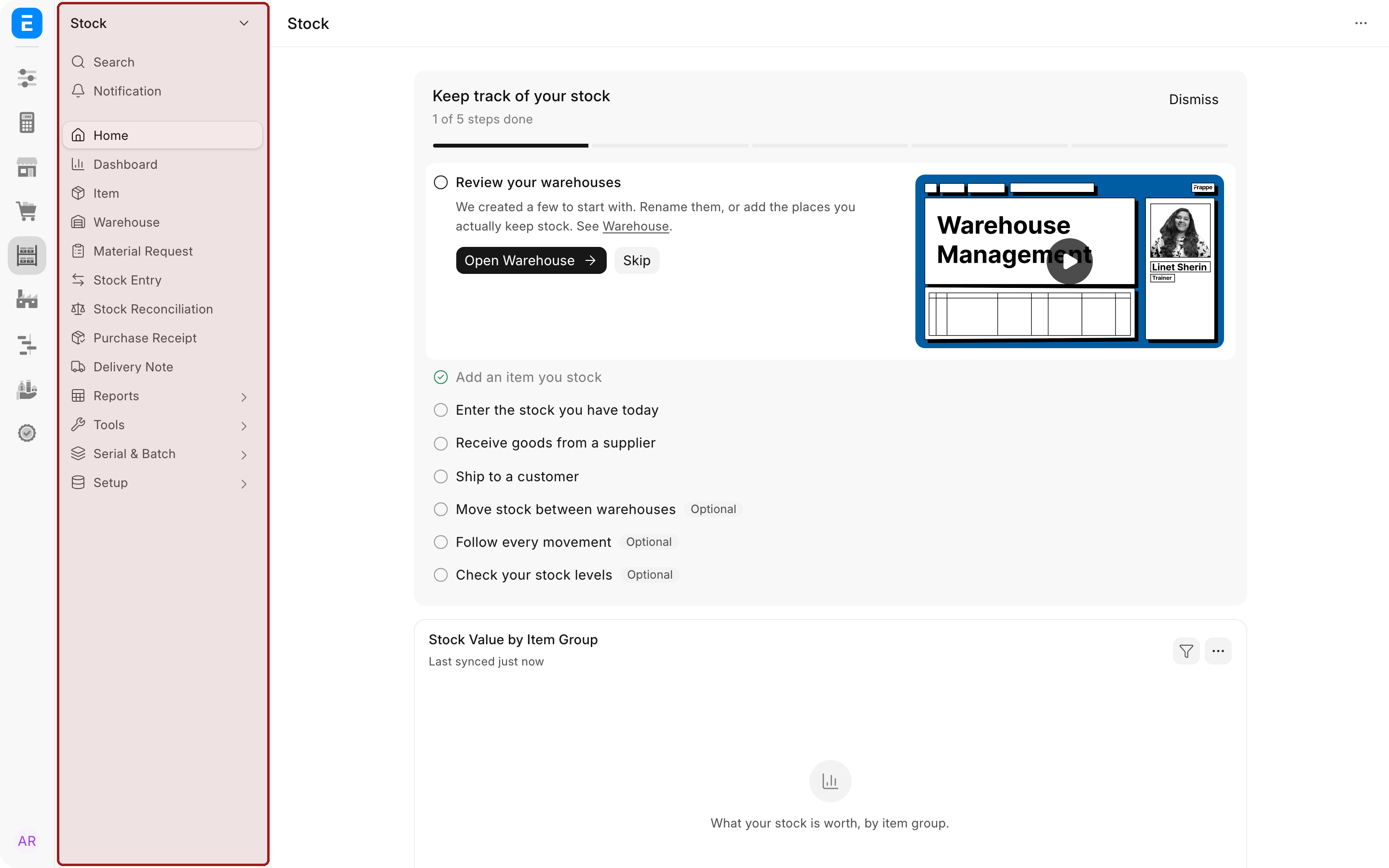 The desk with the Stock sidebar, the column listing Home, Dashboard, Item, Warehouse and other entries, highlighted.