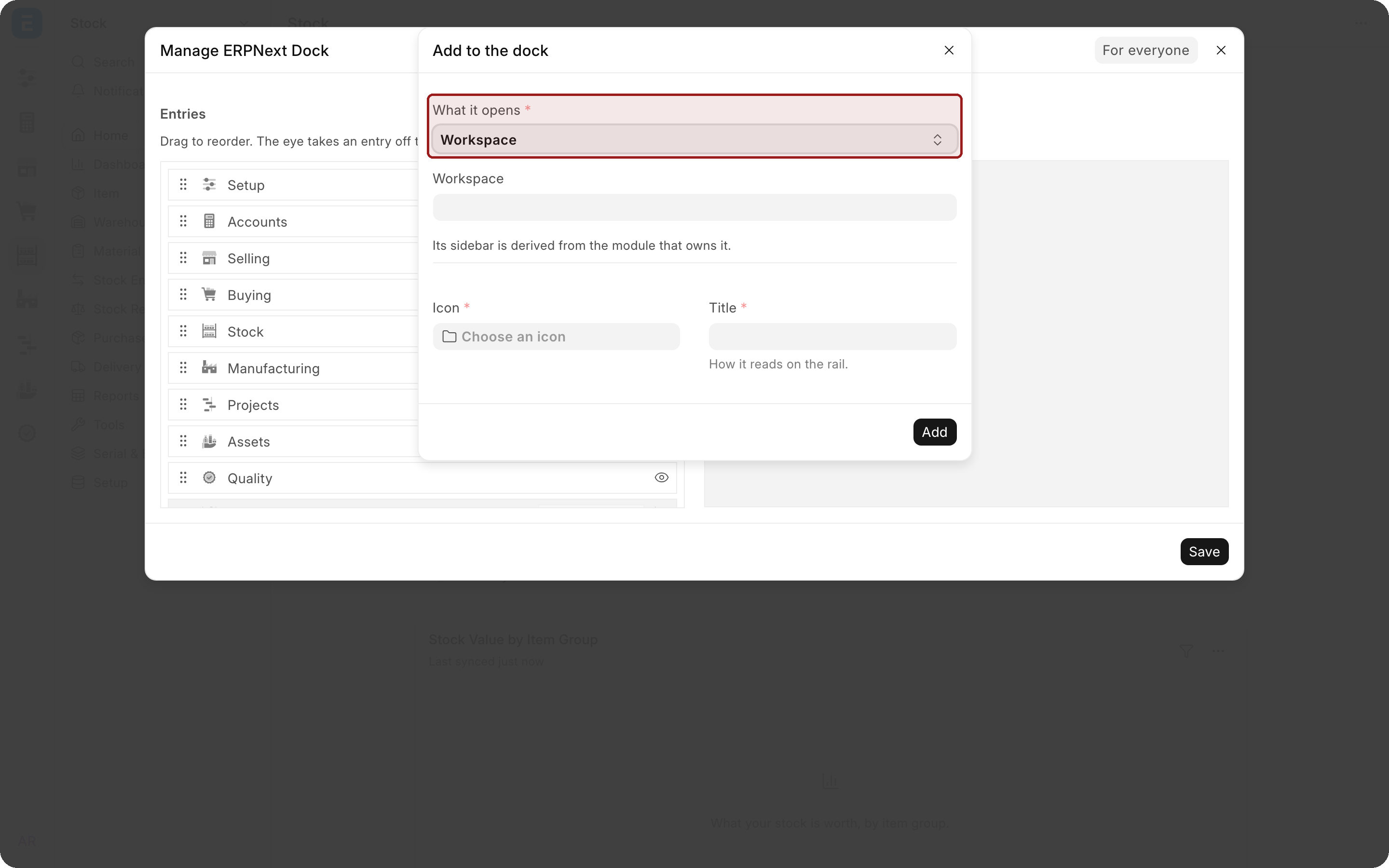 The Add to the dock window with What it opens set to Workspace. The What it opens field is highlighted.
