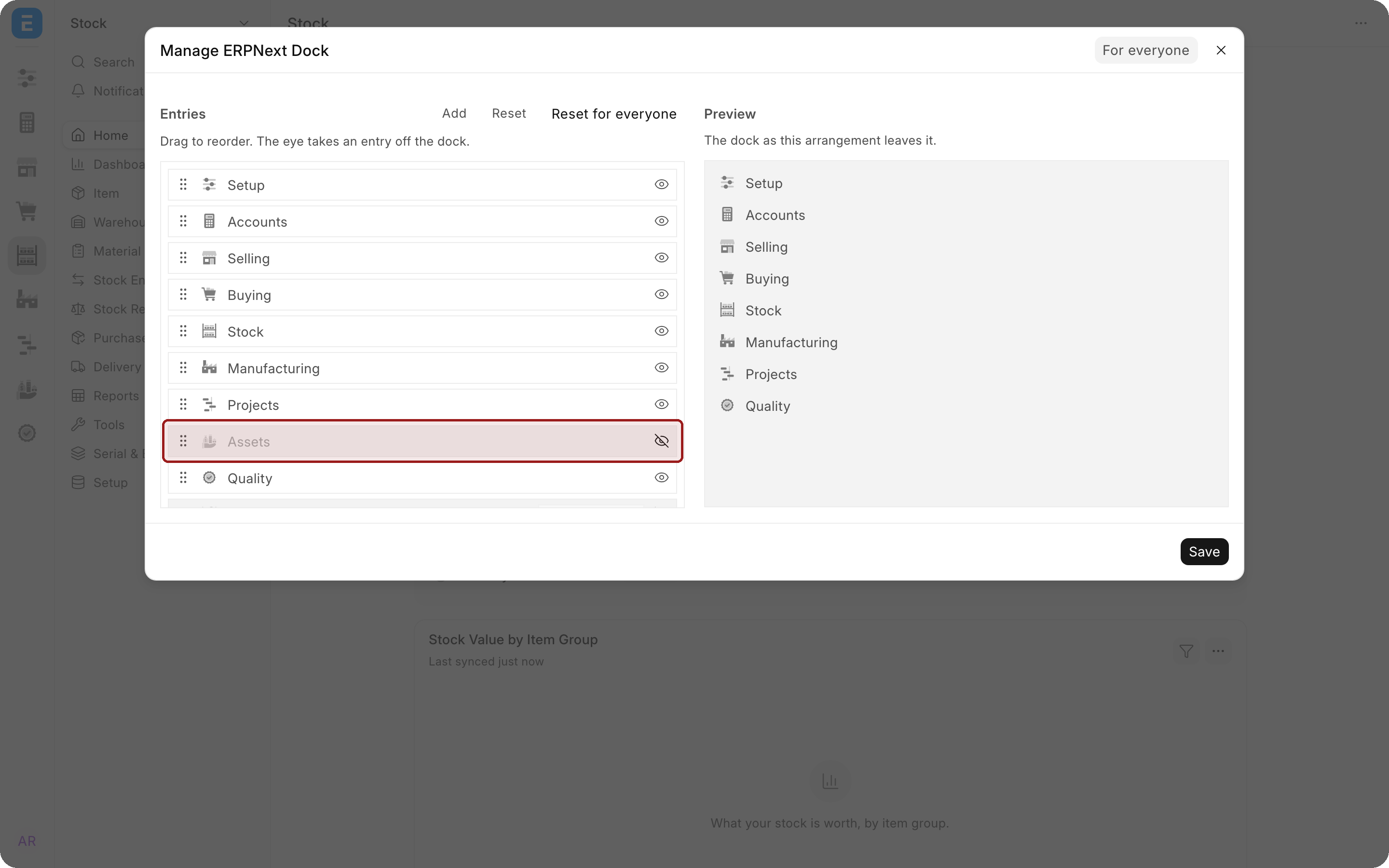 The Manage ERPNext Dock window with Assets taken off the dock: its row is grayed out, its eye is crossed out, and it is missing from the preview. The Assets row is highlighted.