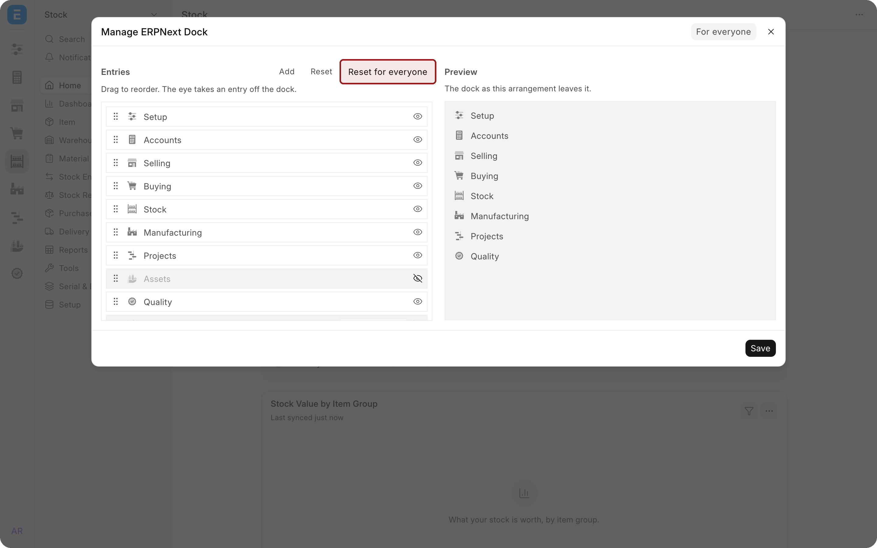 The Manage ERPNext Dock window with Reset for everyone highlighted.