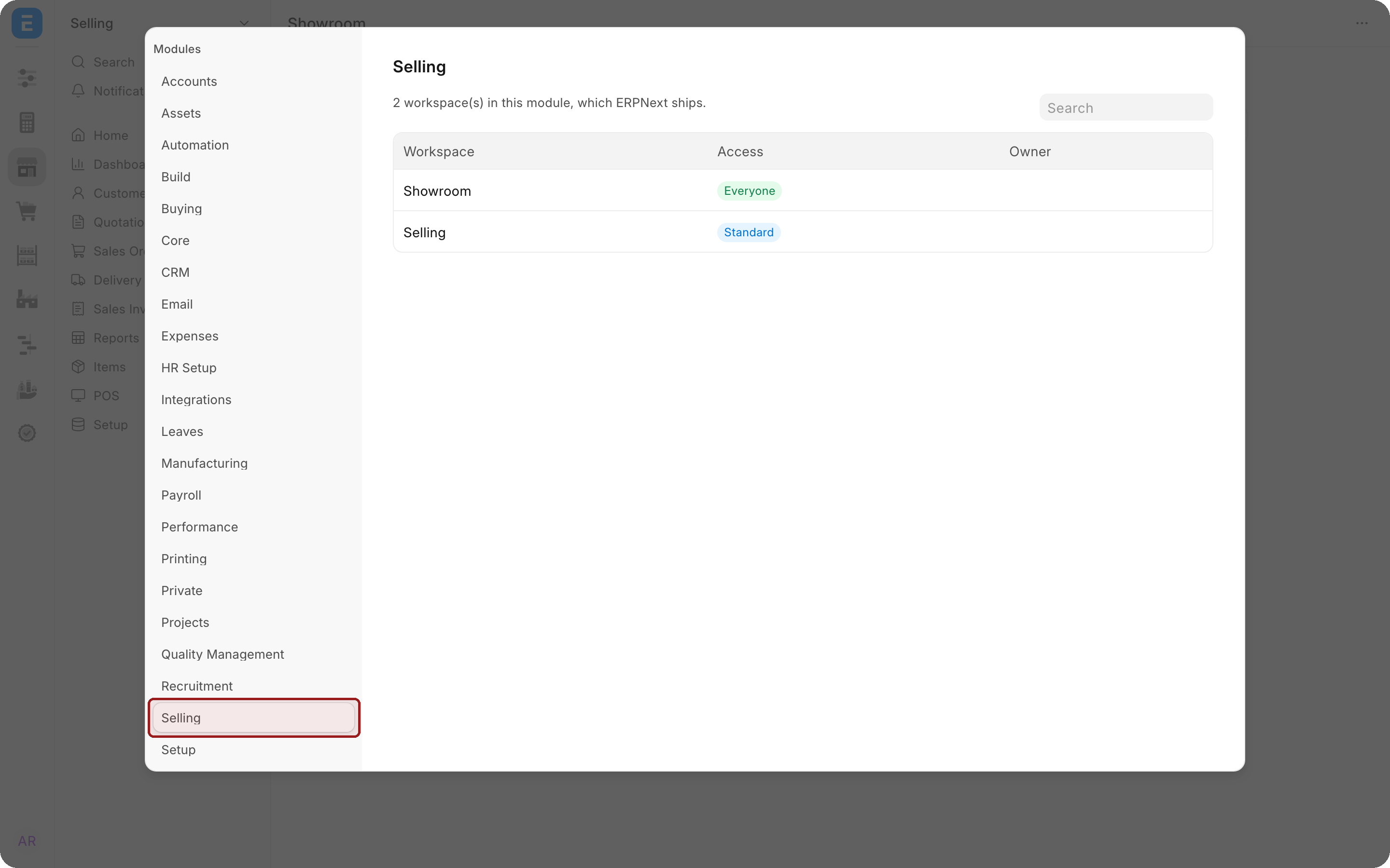 Manage Workspaces with Selling selected in the module list on the left, showing its two workspaces, Showroom and Selling. The Selling module is highlighted.