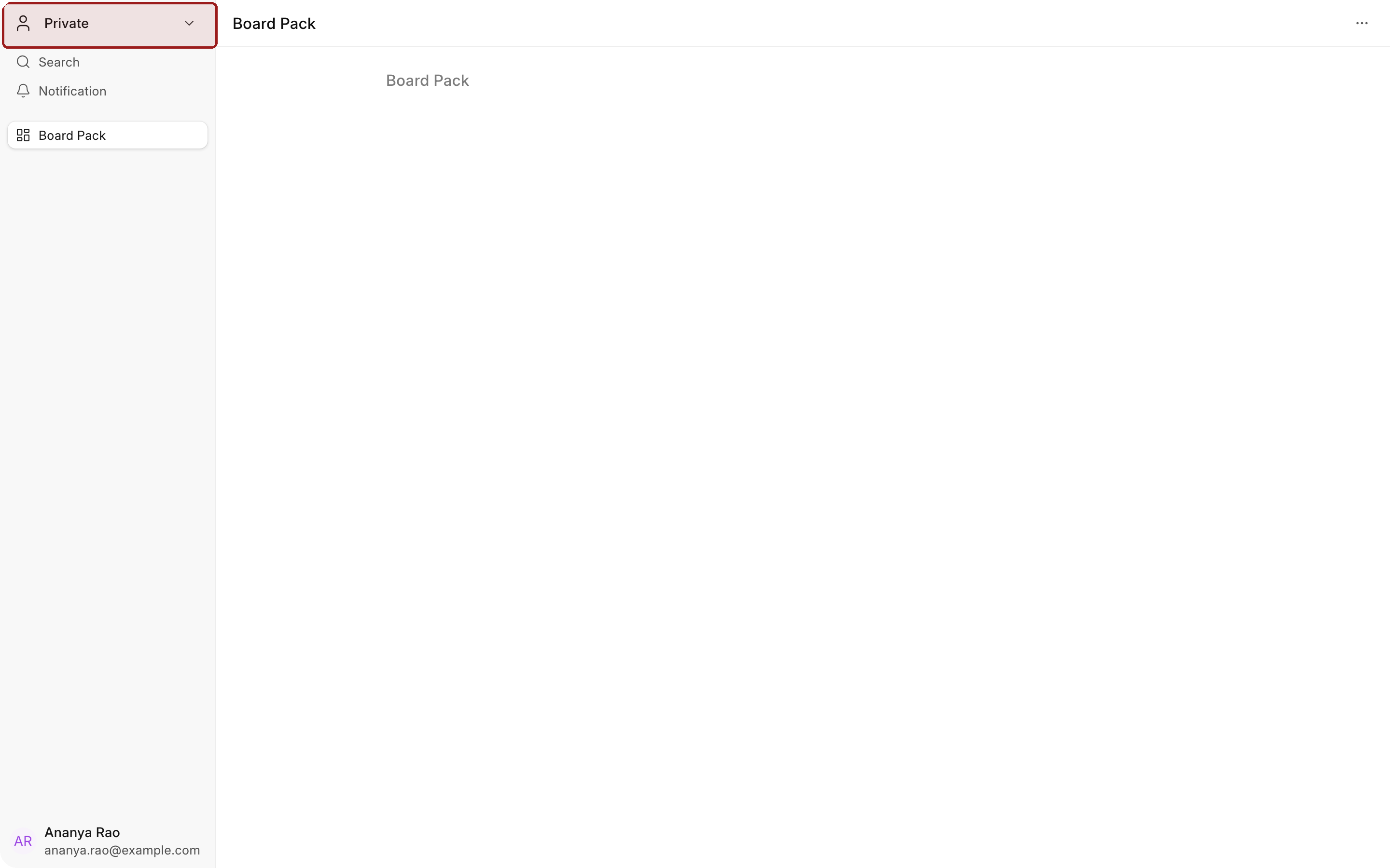 My Space open on a private workspace called Board Pack. The sidebar header reads Private and is highlighted, and the only entry is Board Pack.