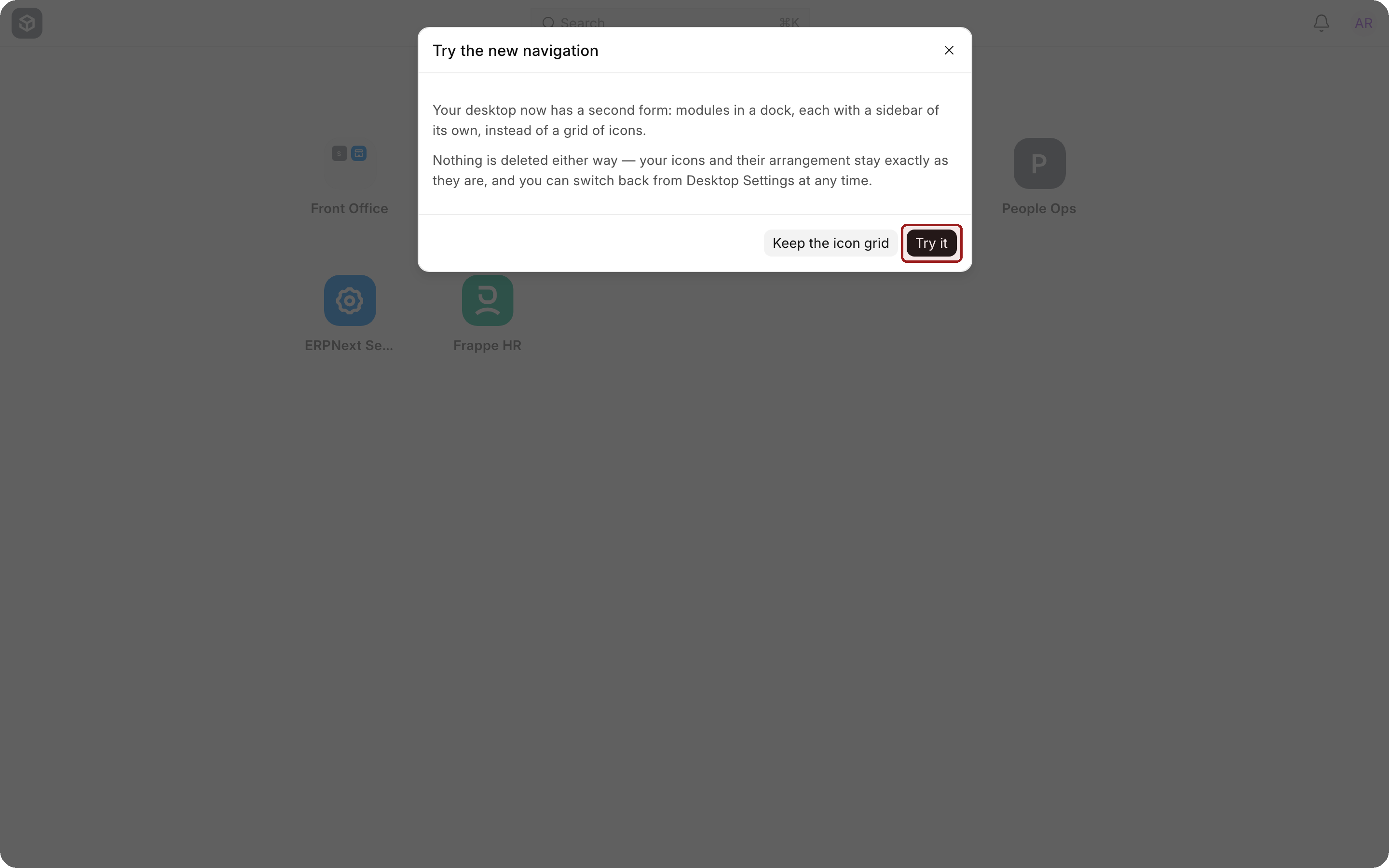 The Try the new navigation window over the icon grid, with the Try it button highlighted beside Keep the icon grid.