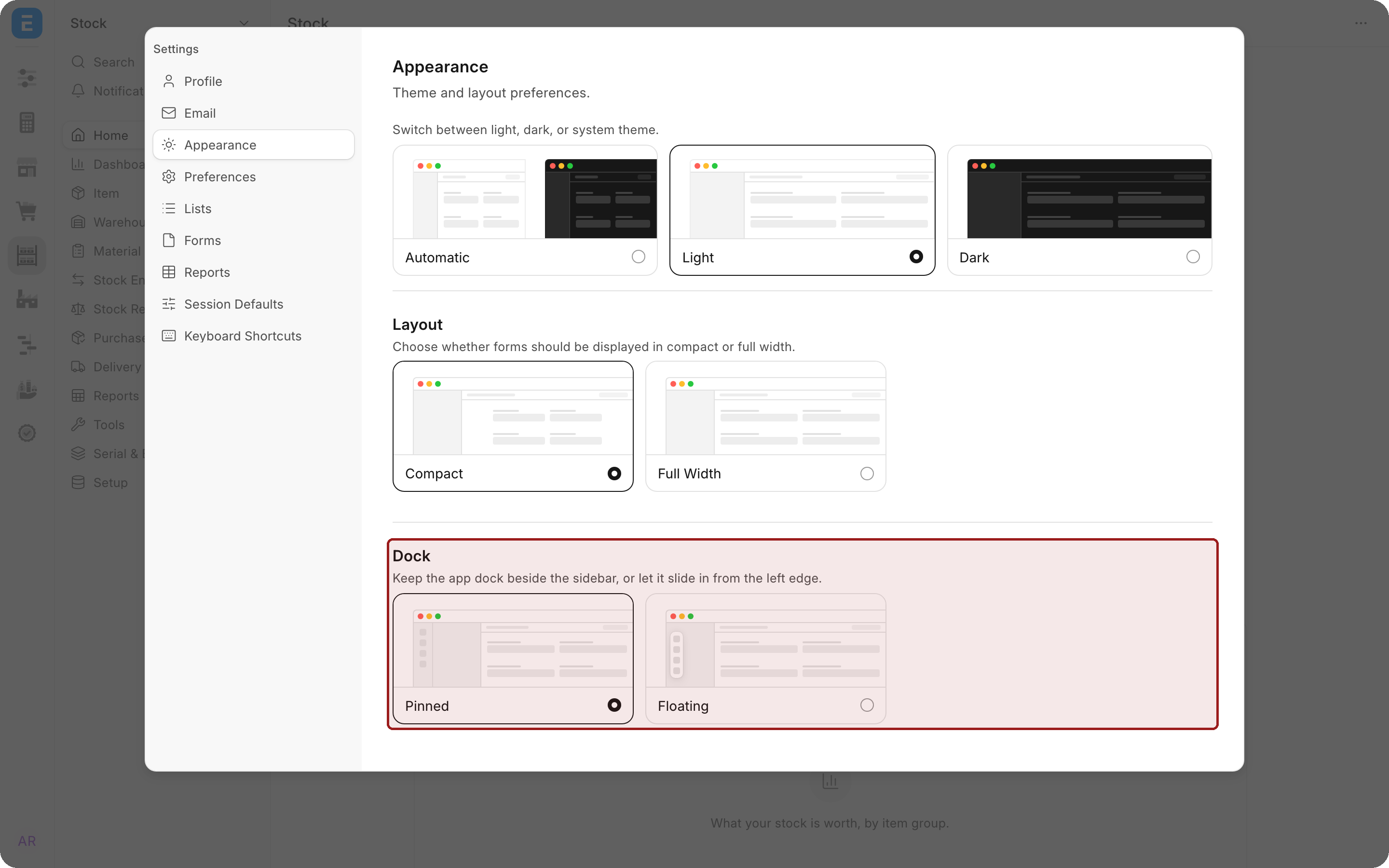 The Appearance section of Settings, with the Dock setting and its Pinned and Floating options highlighted.