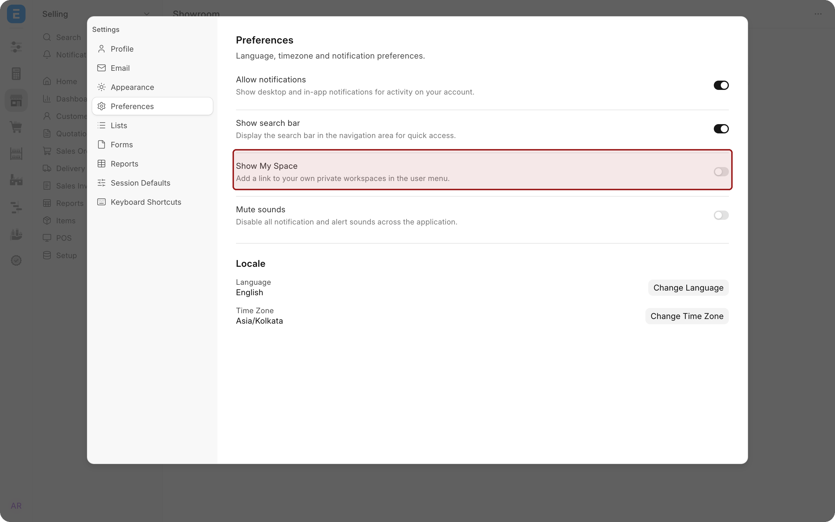The Preferences section of Settings, with the Show My Space switch highlighted.