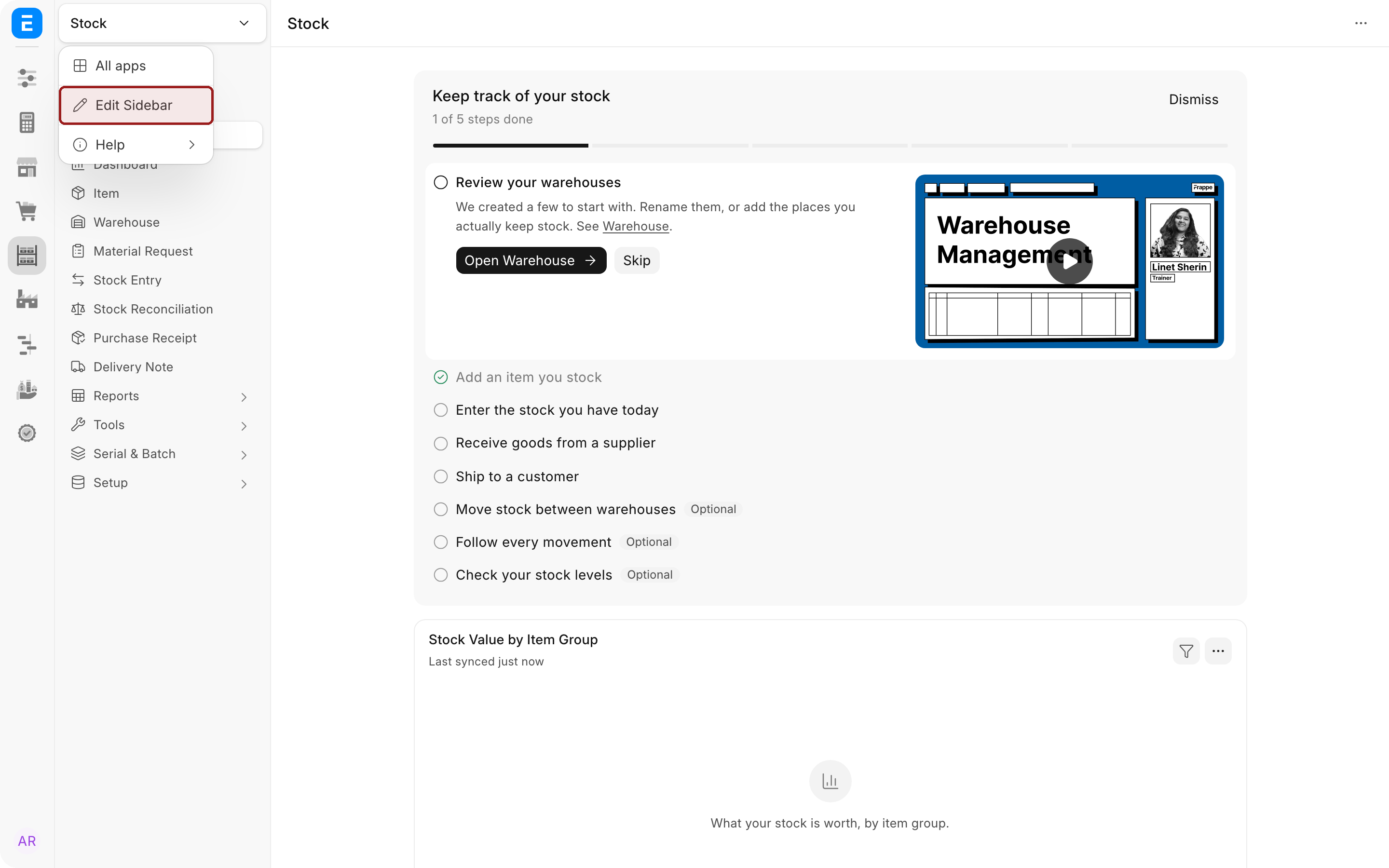 The sidebar header menu open, with Edit Sidebar highlighted.