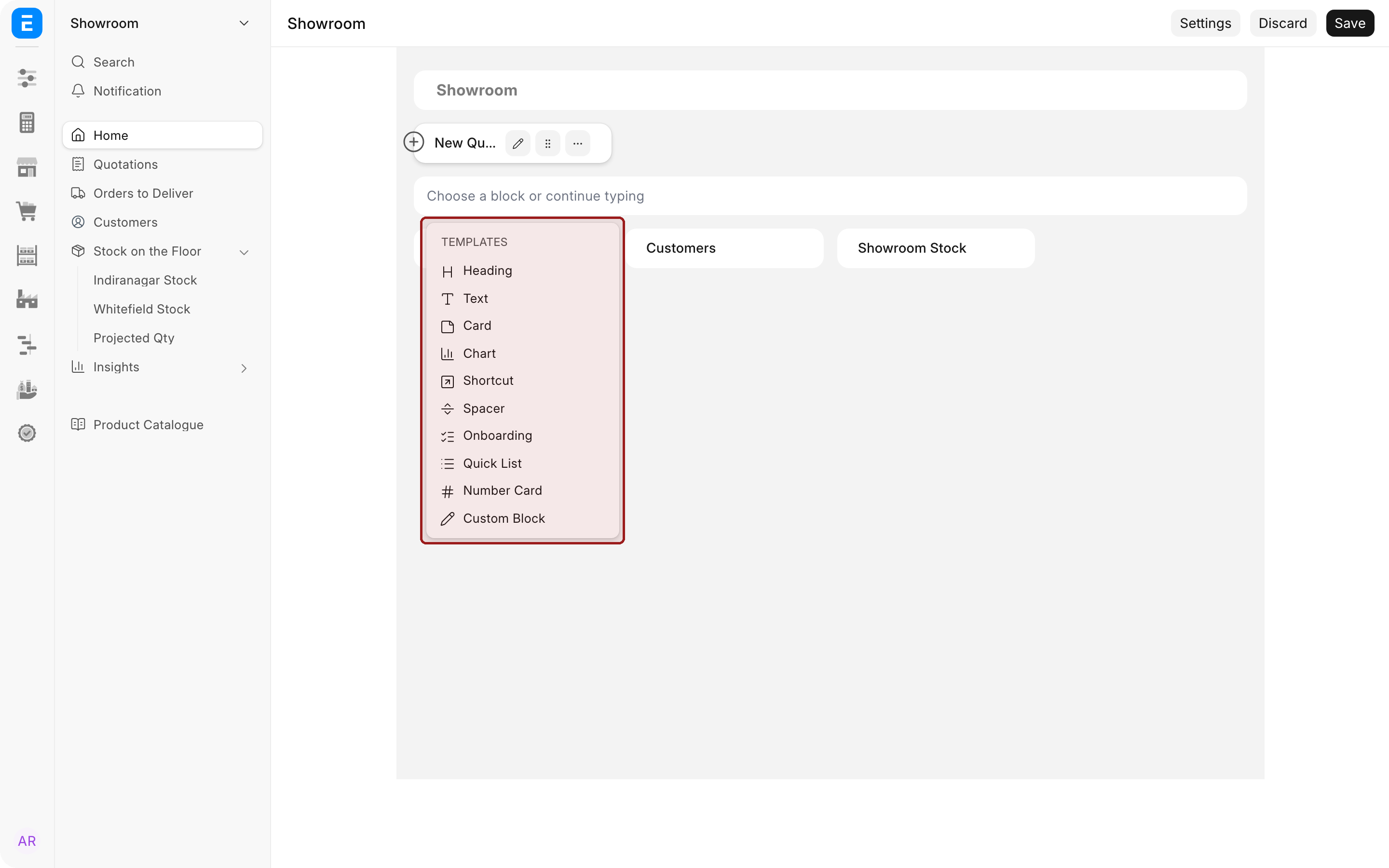 The Templates menu listing Heading, Text, Card, Chart, Shortcut, Spacer, Onboarding, Quick List, Number Card and Custom Block. The menu is highlighted.
