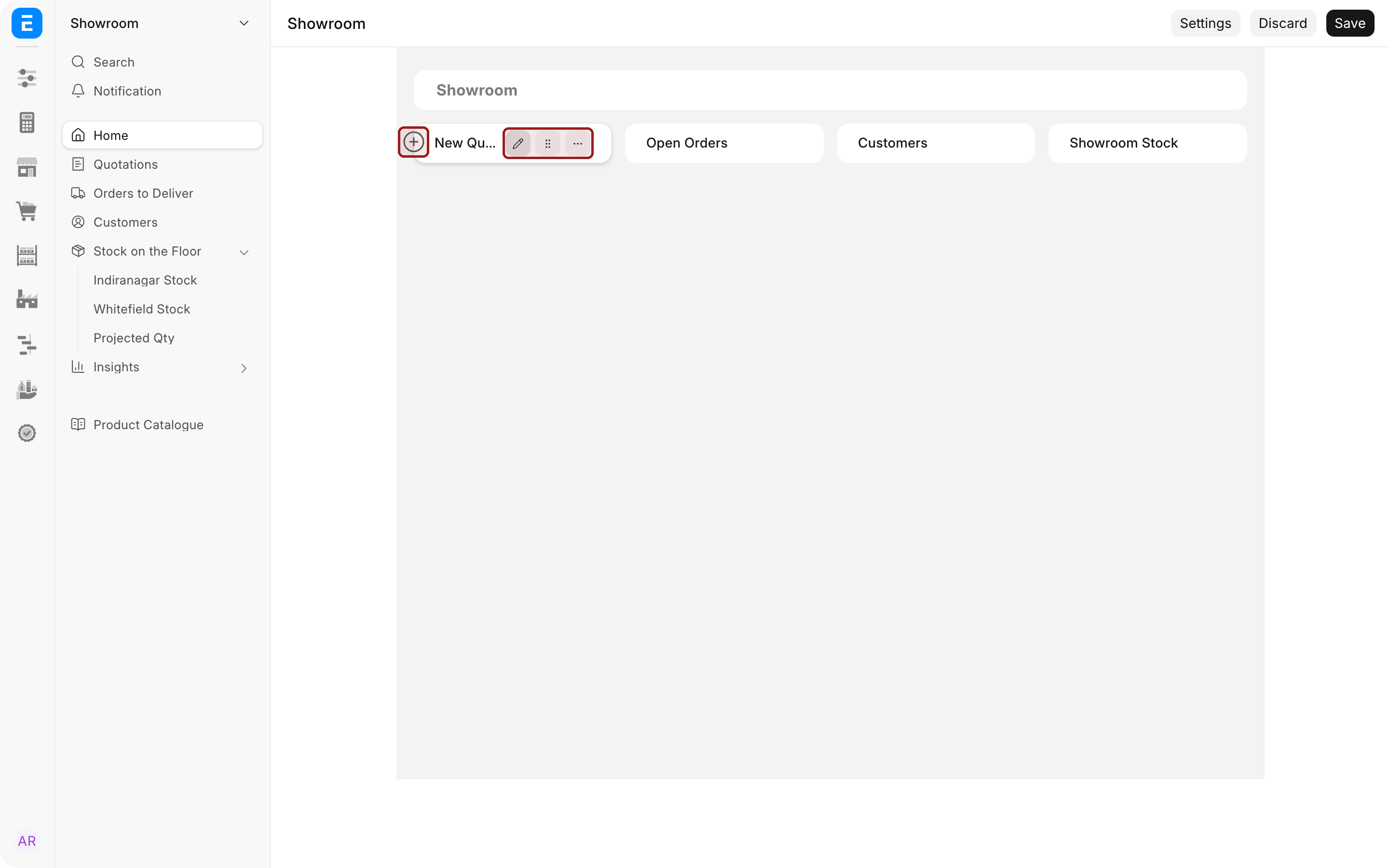 A shortcut block in edit mode with the plus button on its left highlighted, and the pencil, drag handle and more-actions buttons highlighted.