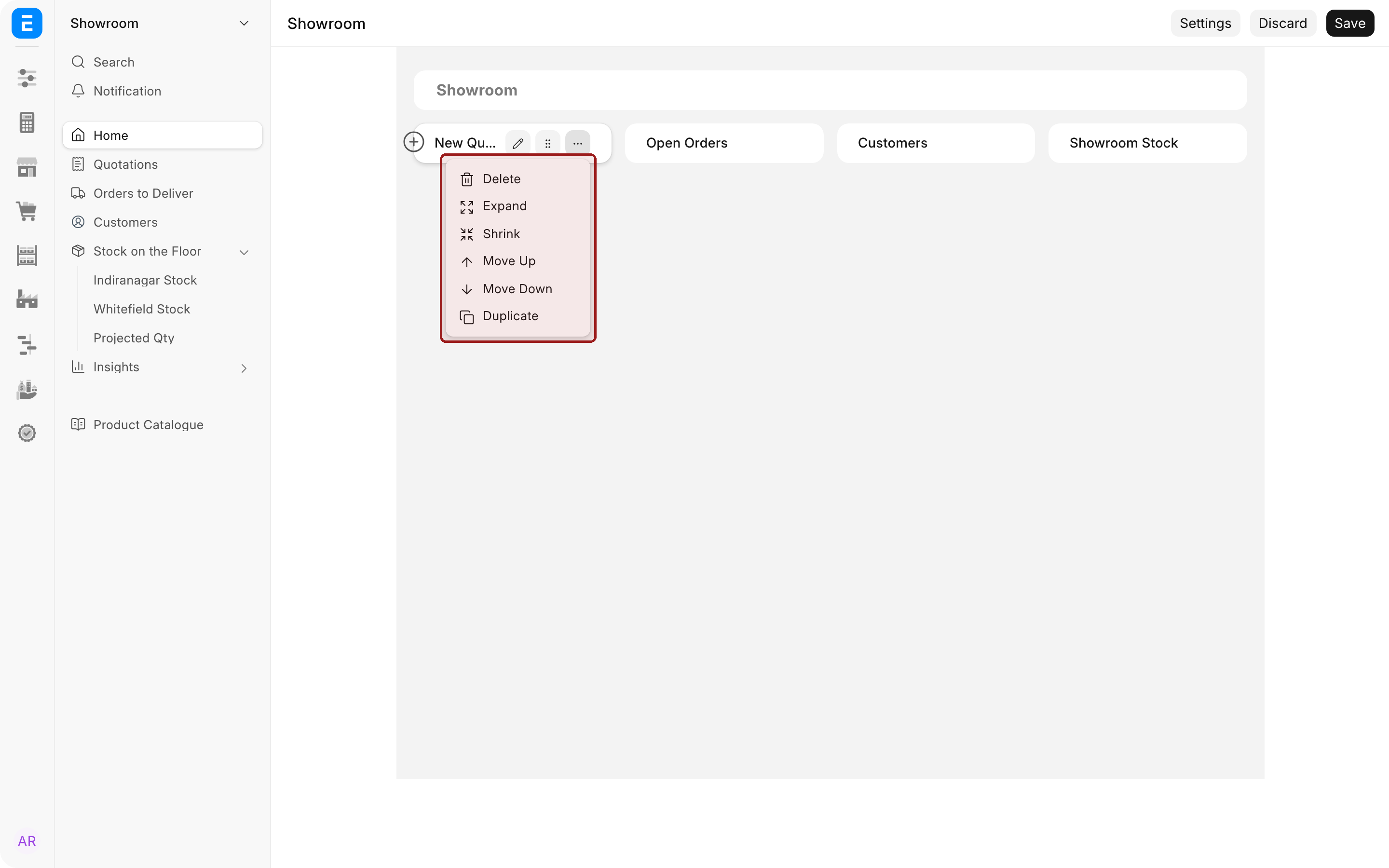 The more-actions menu of a block open, listing Delete, Expand, Shrink, Move Up, Move Down and Duplicate. The menu is highlighted.
