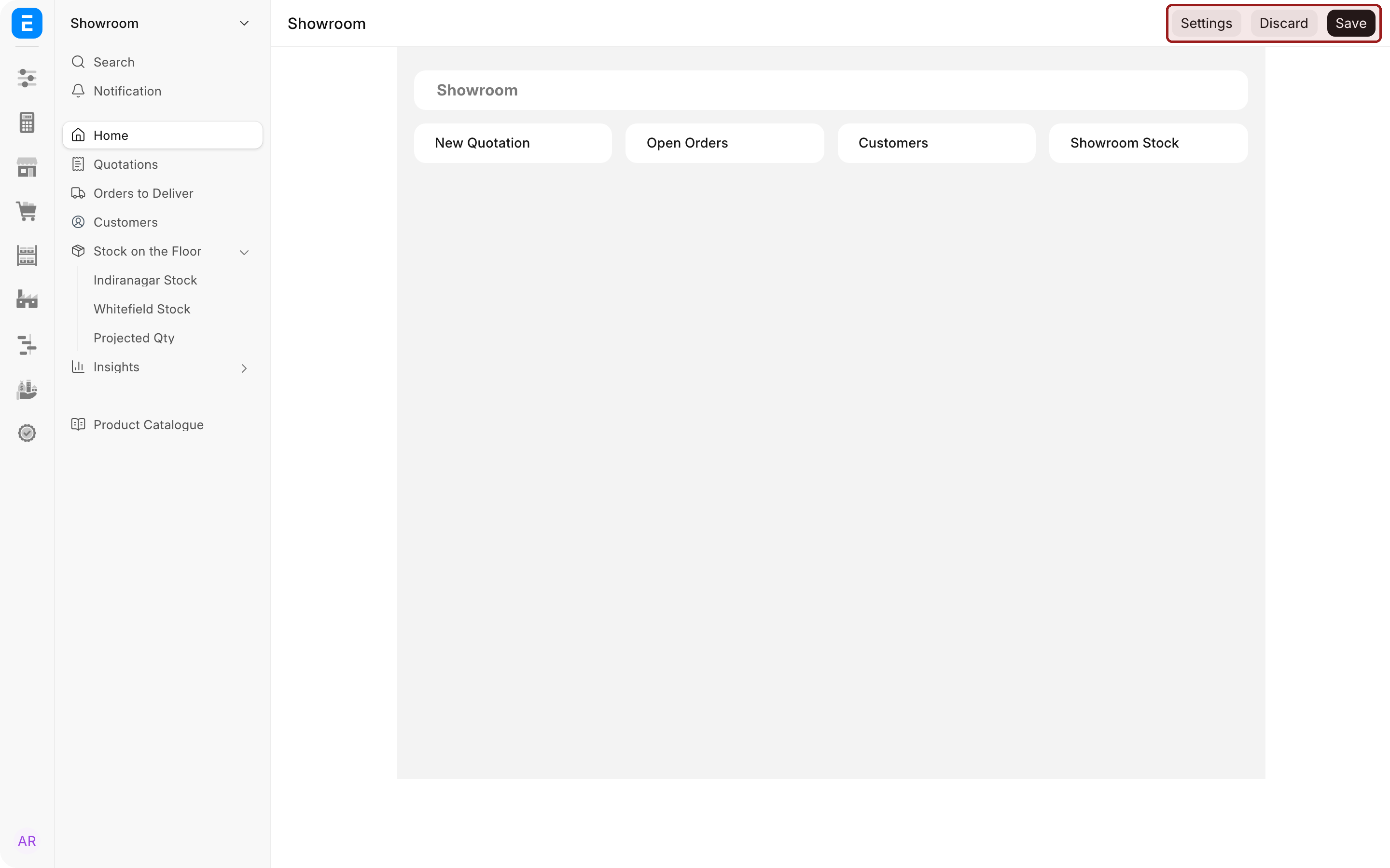 A workspace in edit mode, with the Settings, Discard and Save buttons at the top right highlighted.