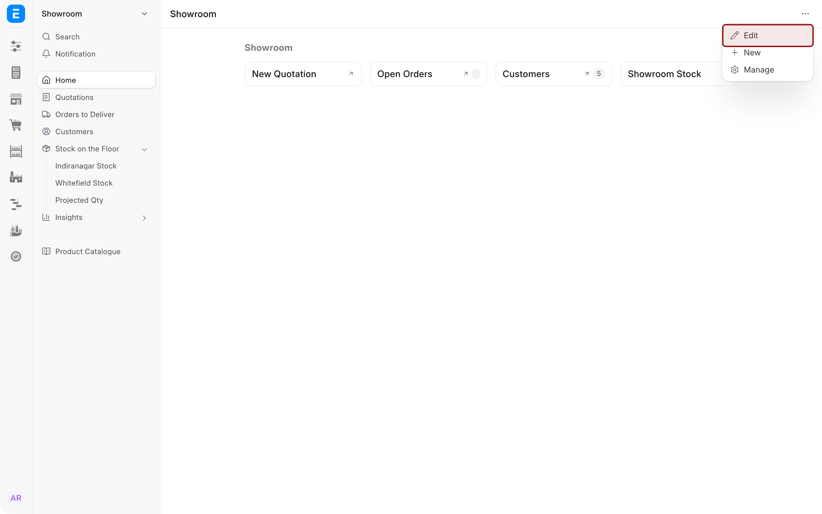 The workspace menu open in the top right corner, showing Edit, New and Manage. Edit is highlighted.