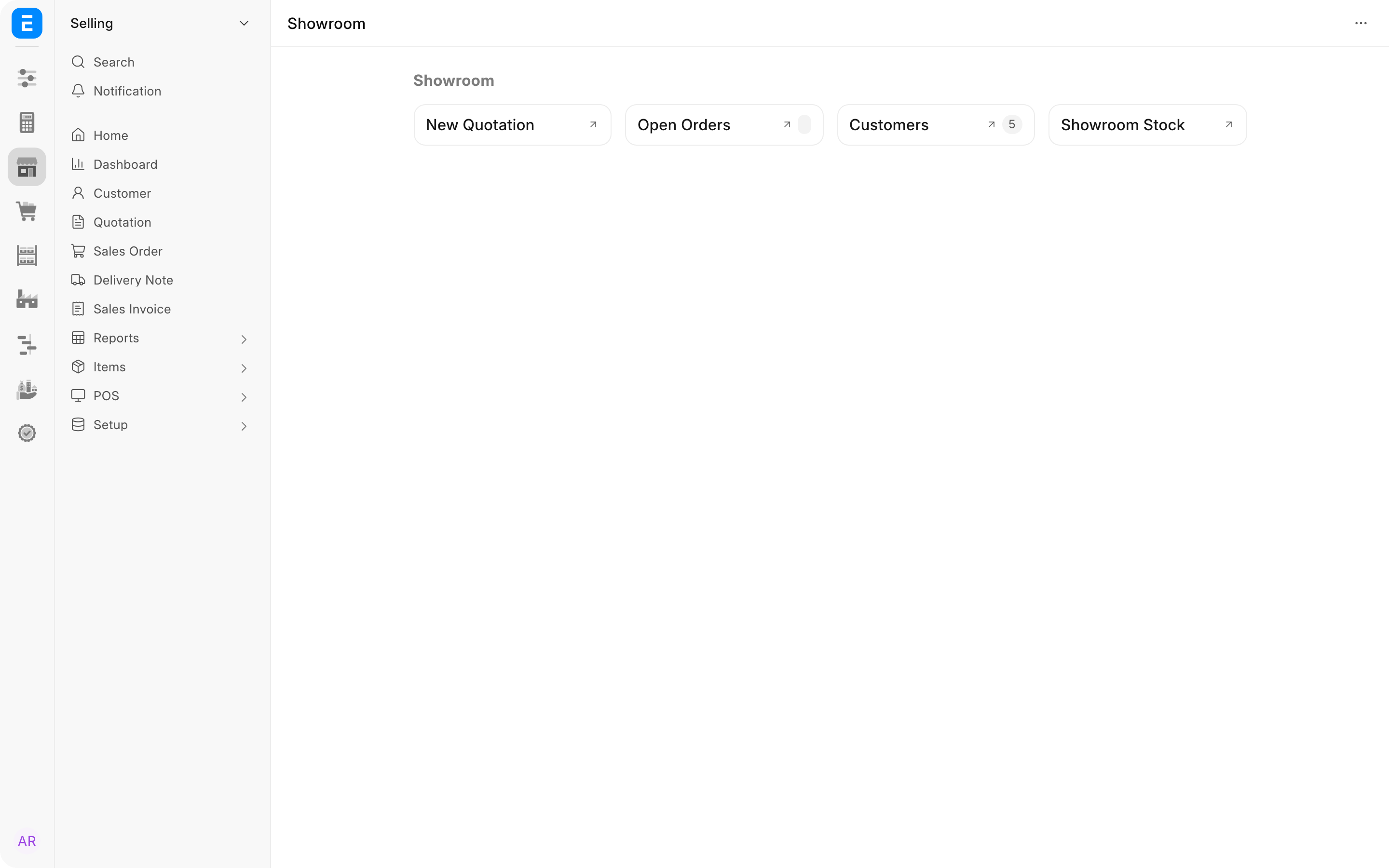 The Showroom workspace in the Selling module, with shortcuts for New Quotation, Open Orders, Customers and Showroom Stock.
