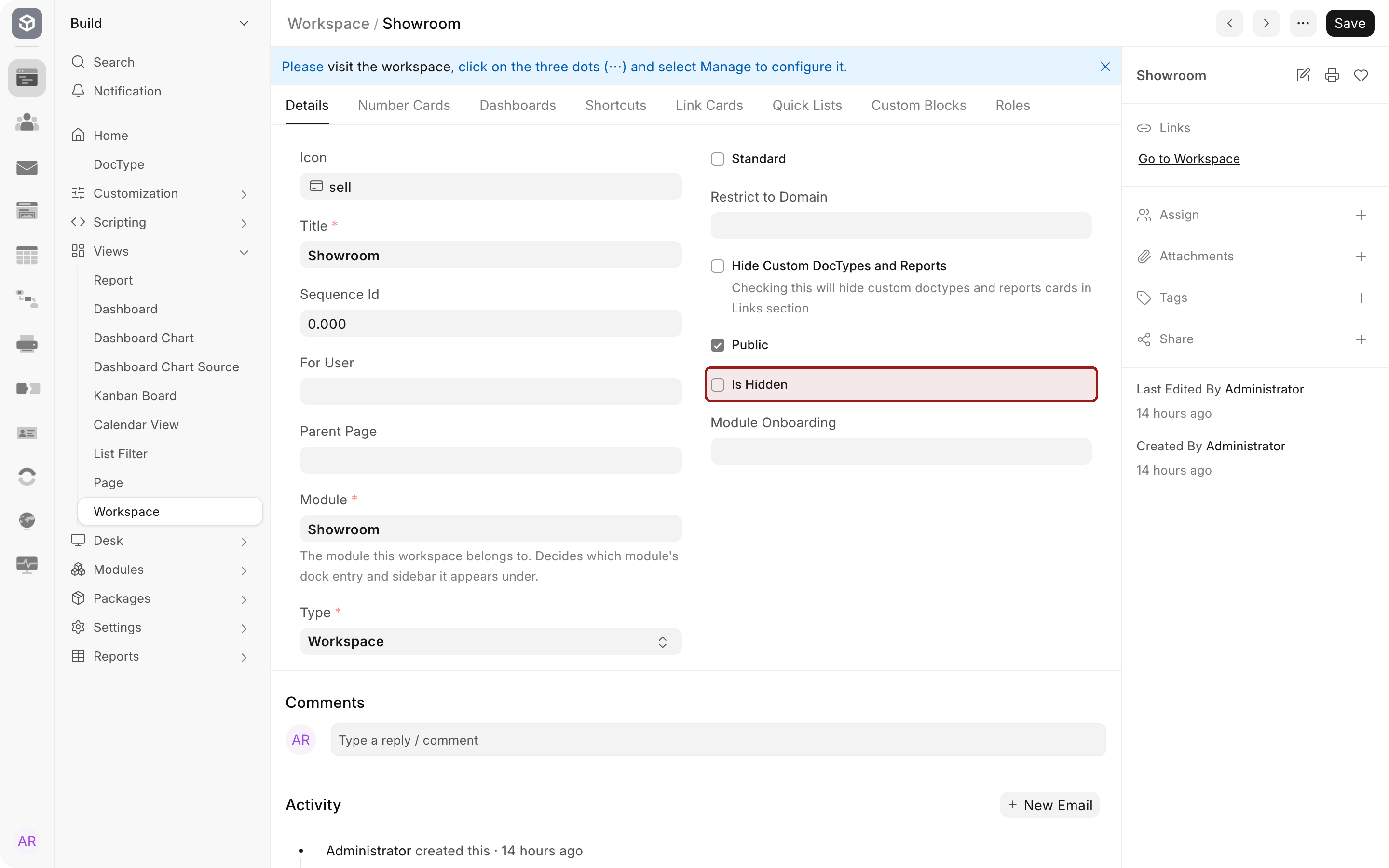 The Workspace record for Showroom, with tabs for Number Cards, Dashboards, Shortcuts, Link Cards, Quick Lists, Custom Blocks and Roles. The Is Hidden checkbox is highlighted.