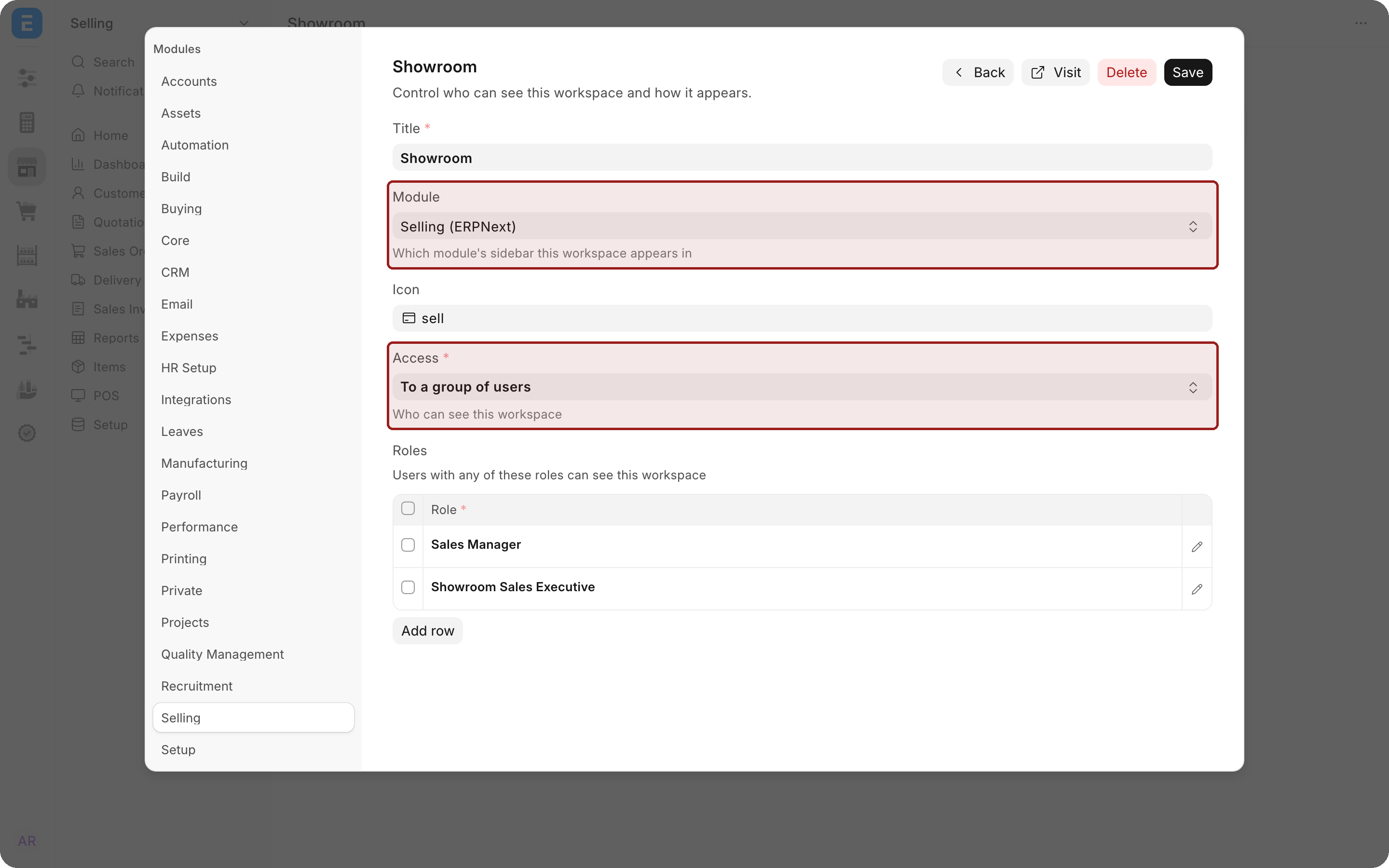 The settings for the Showroom workspace: Title, Module set to Selling (ERPNext), Icon, Access set to To a group of users, and a Roles table listing Sales Manager and Showroom Sales Executive. The Module and Access fields are highlighted.