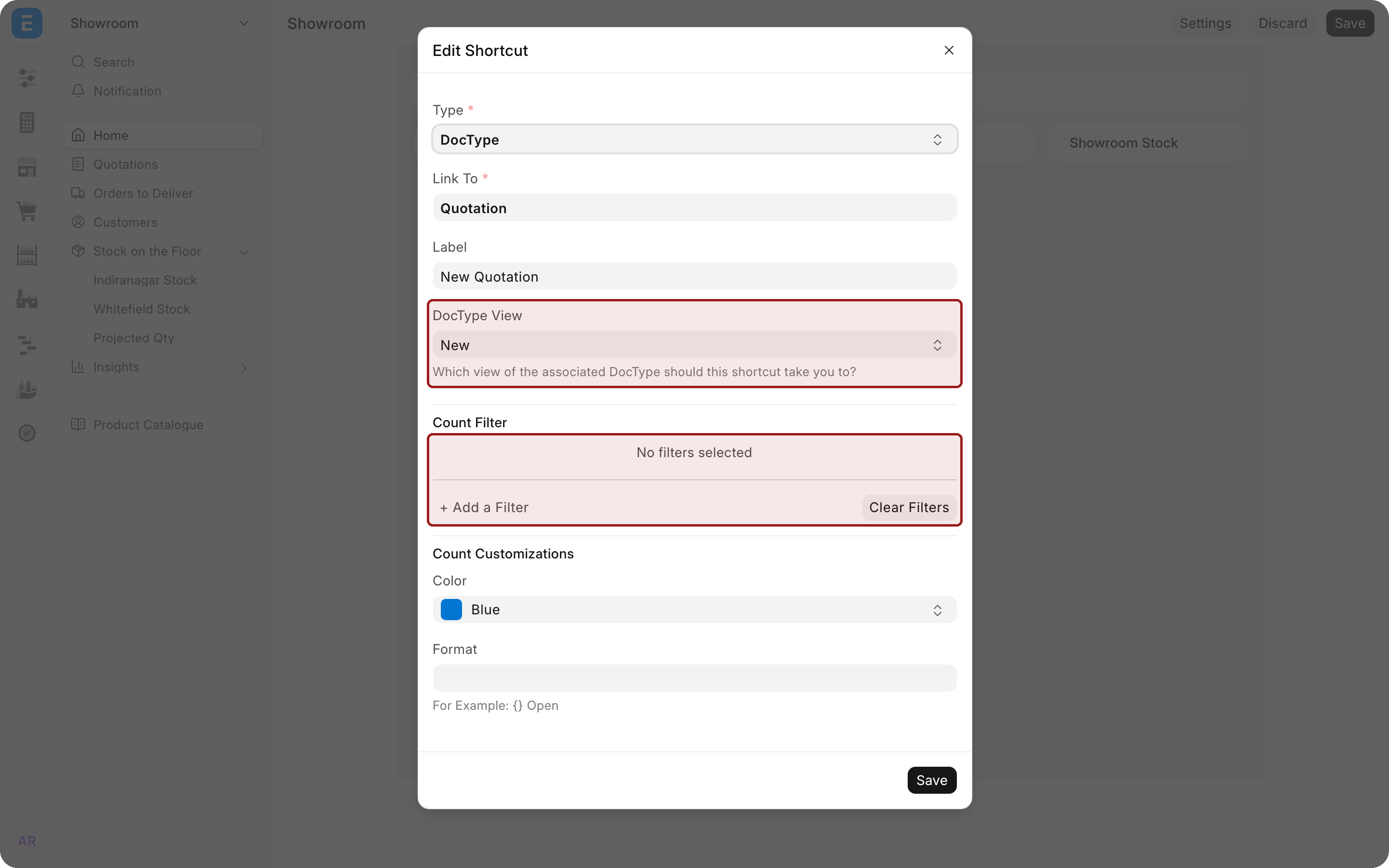 The Edit Shortcut window for New Quotation, with the DocType View field and the Count Filter area highlighted.
