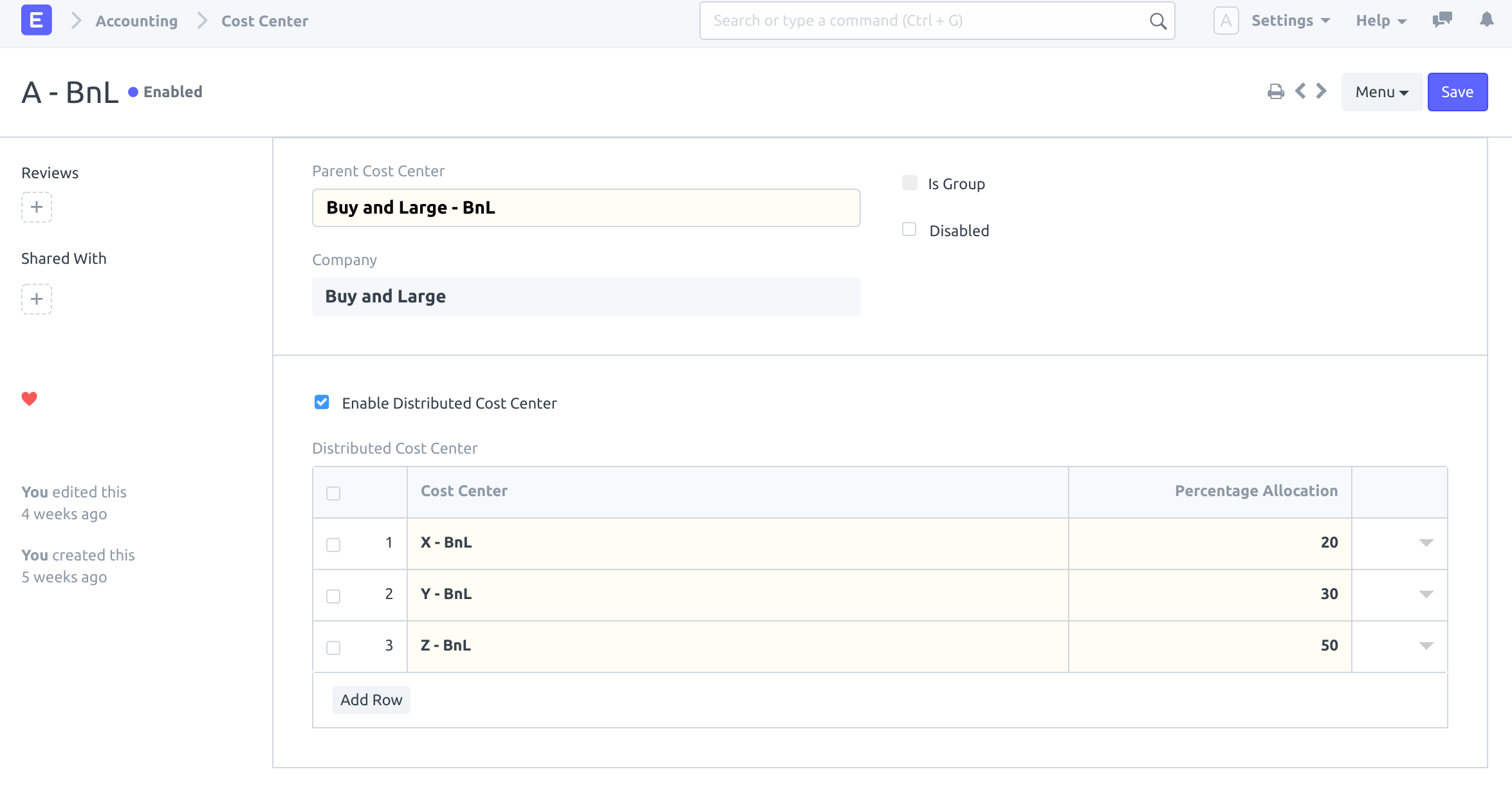 Distributed Cost Center