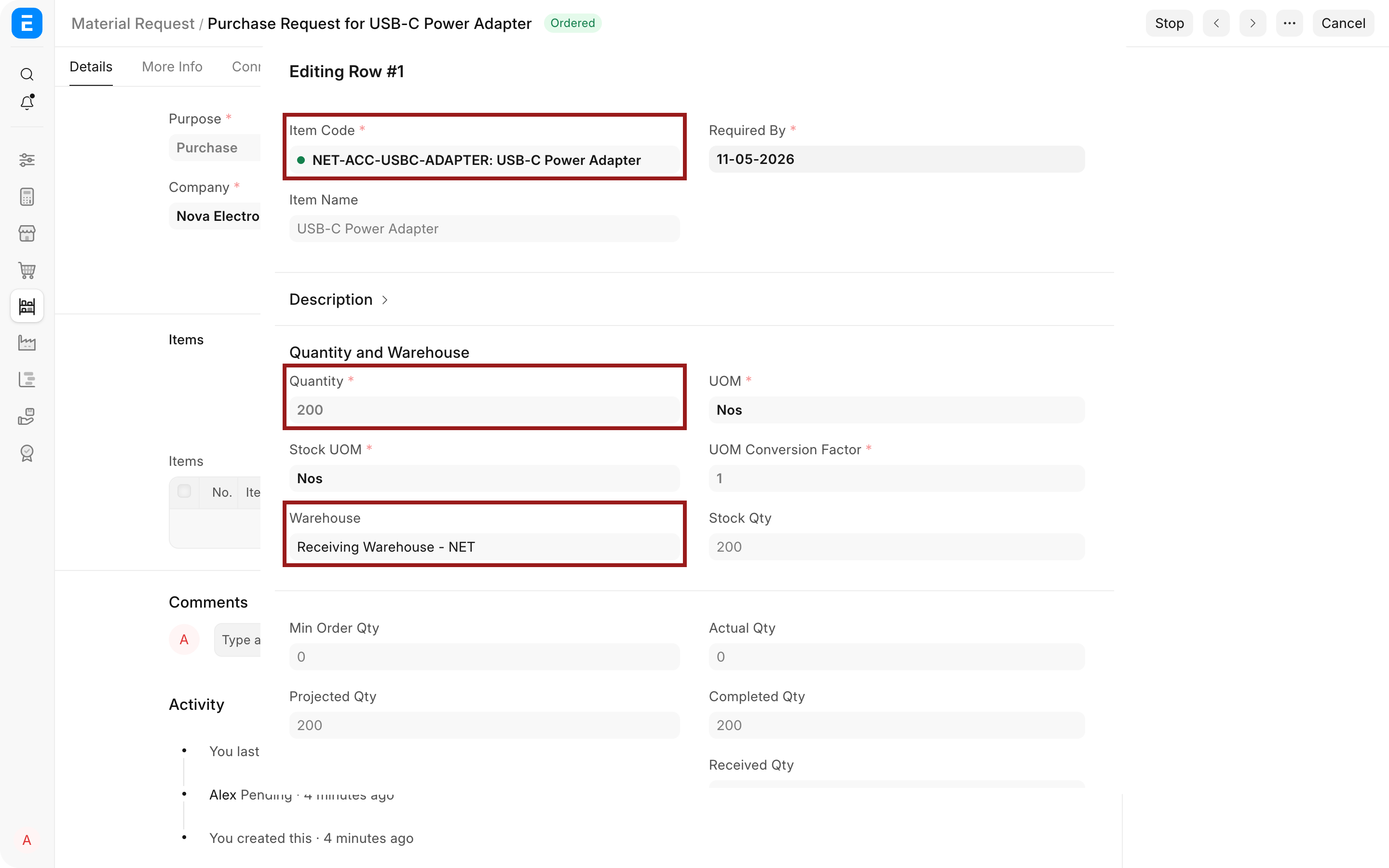 Material Request item details with Item, Quantity, and Warehouse highlighted