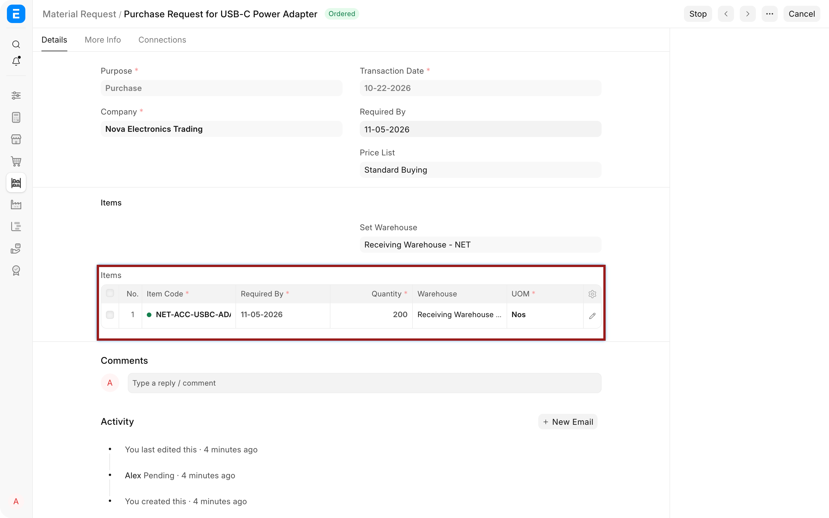 Material Request item table with the requested adapter quantity highlighted