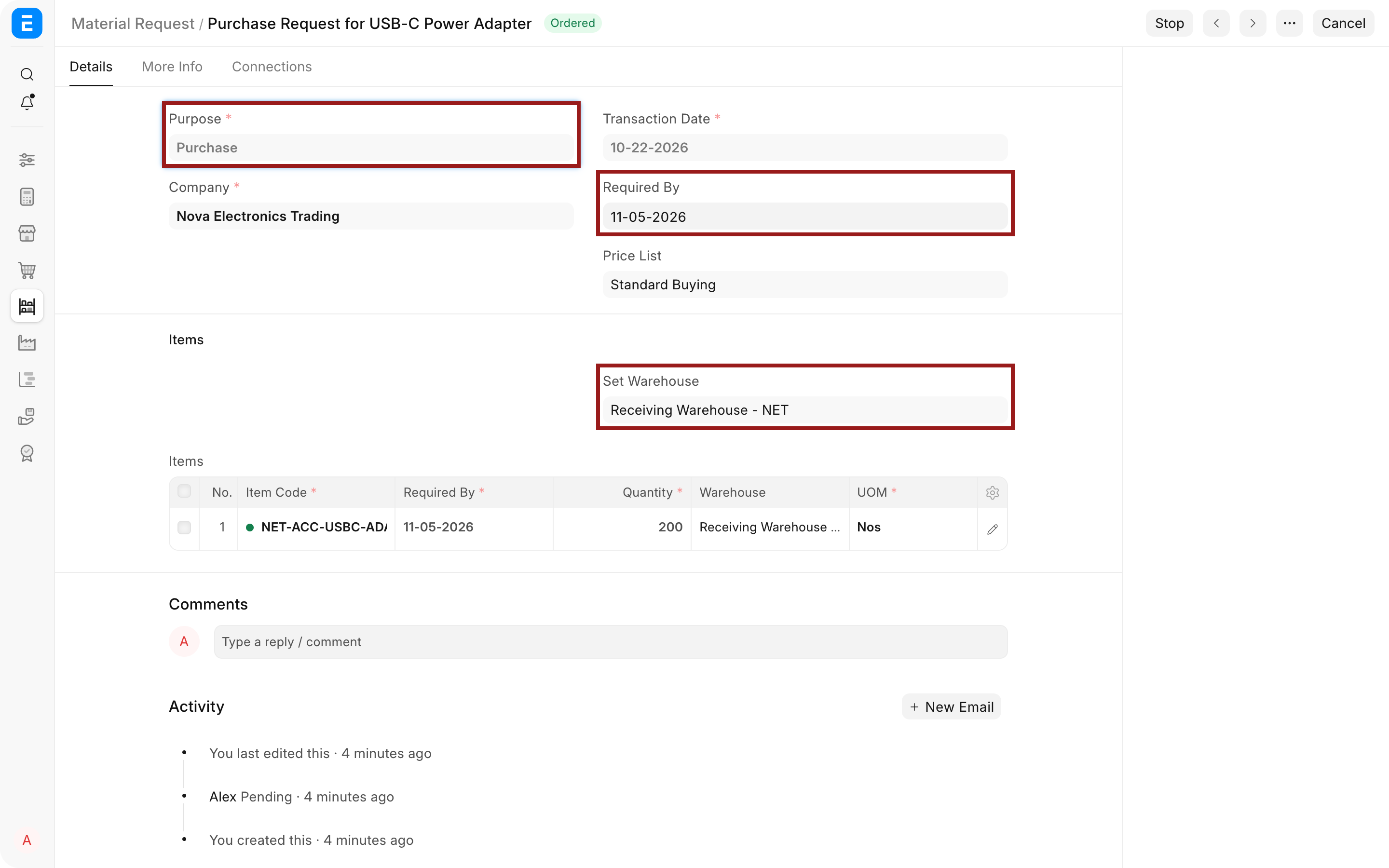 Material Request purpose, required date, and target warehouse highlighted