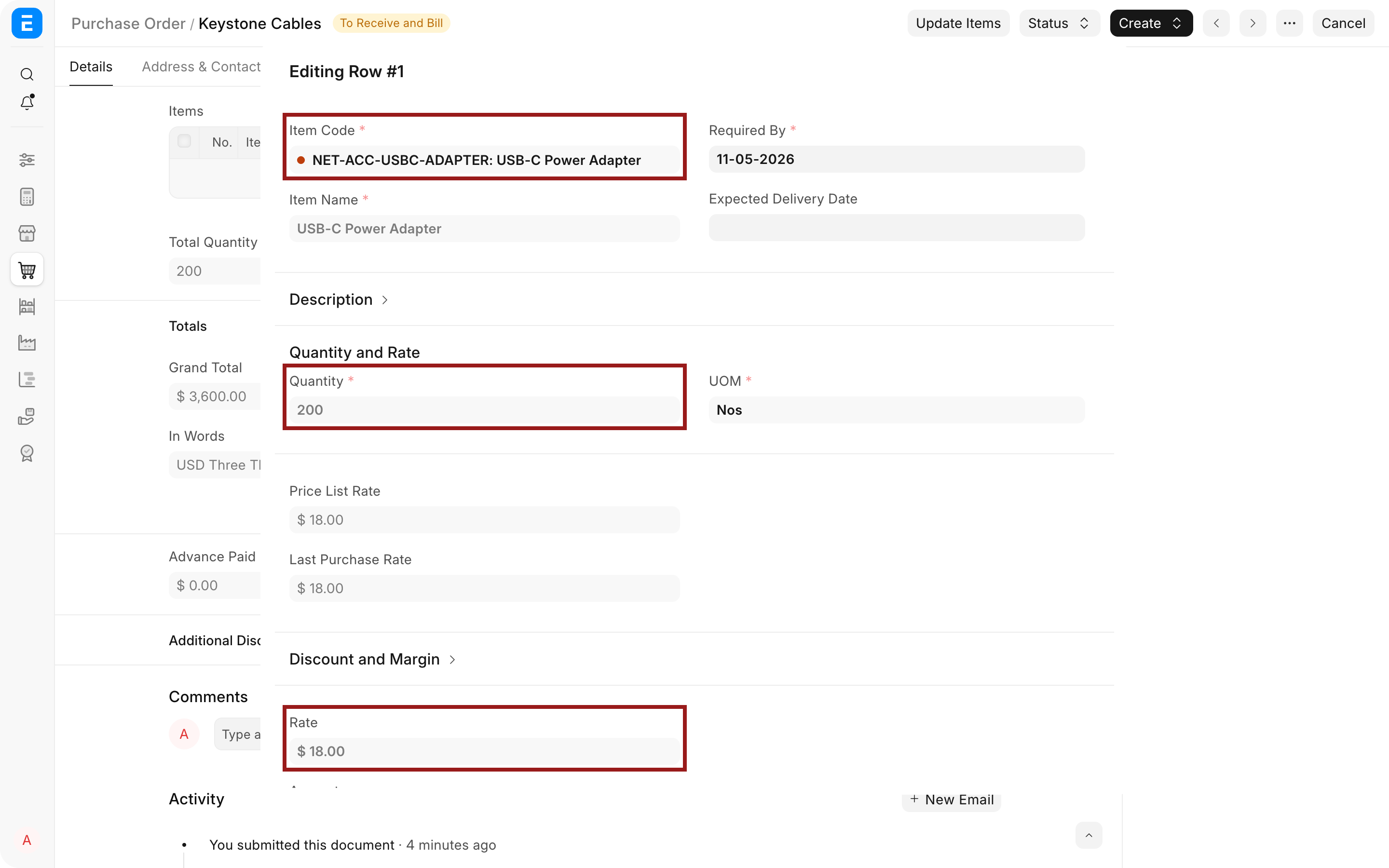 Purchase Order item editor with Item, Quantity, and Rate highlighted
