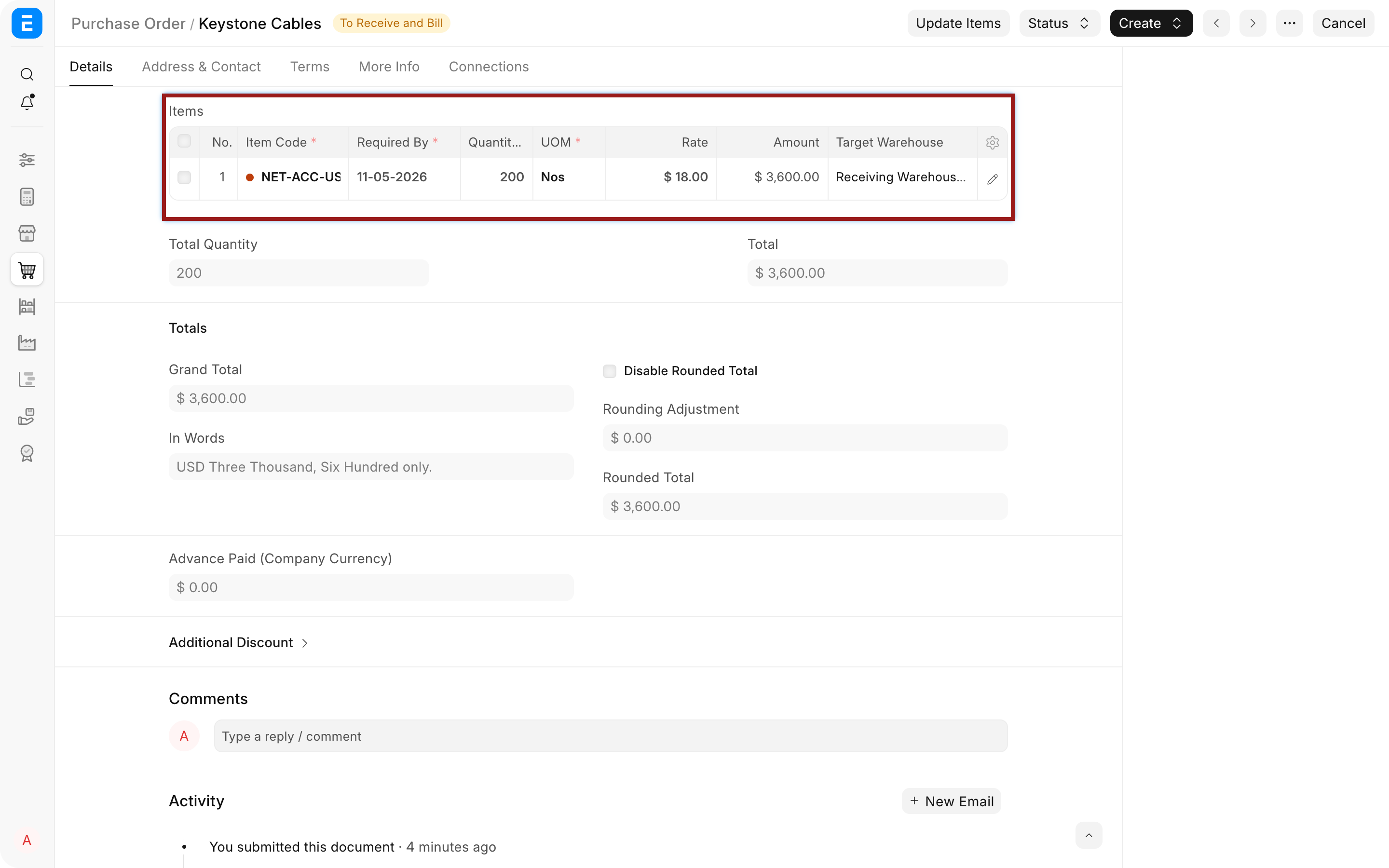 Purchase Order item table with quantity, rate, amount, and warehouse highlighted