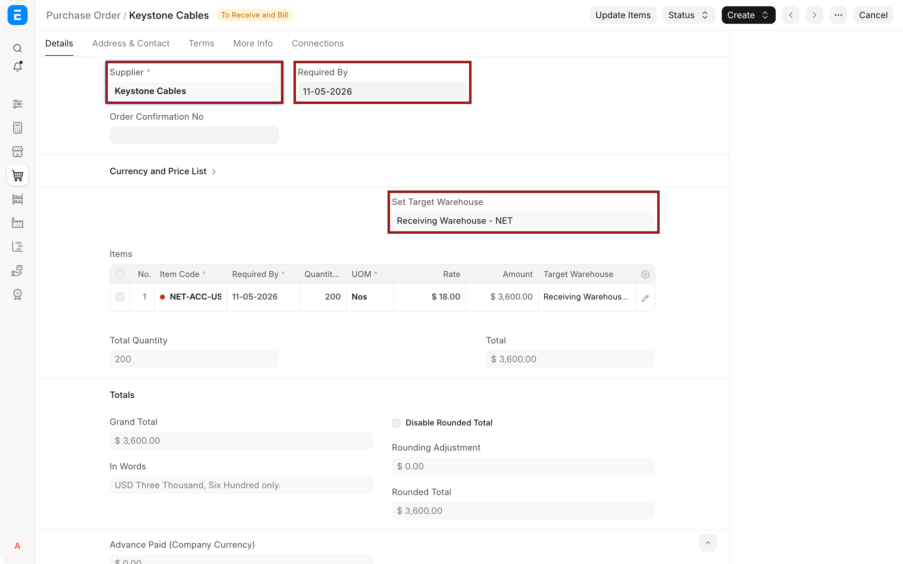Purchase Order supplier, required date, and target warehouse highlighted