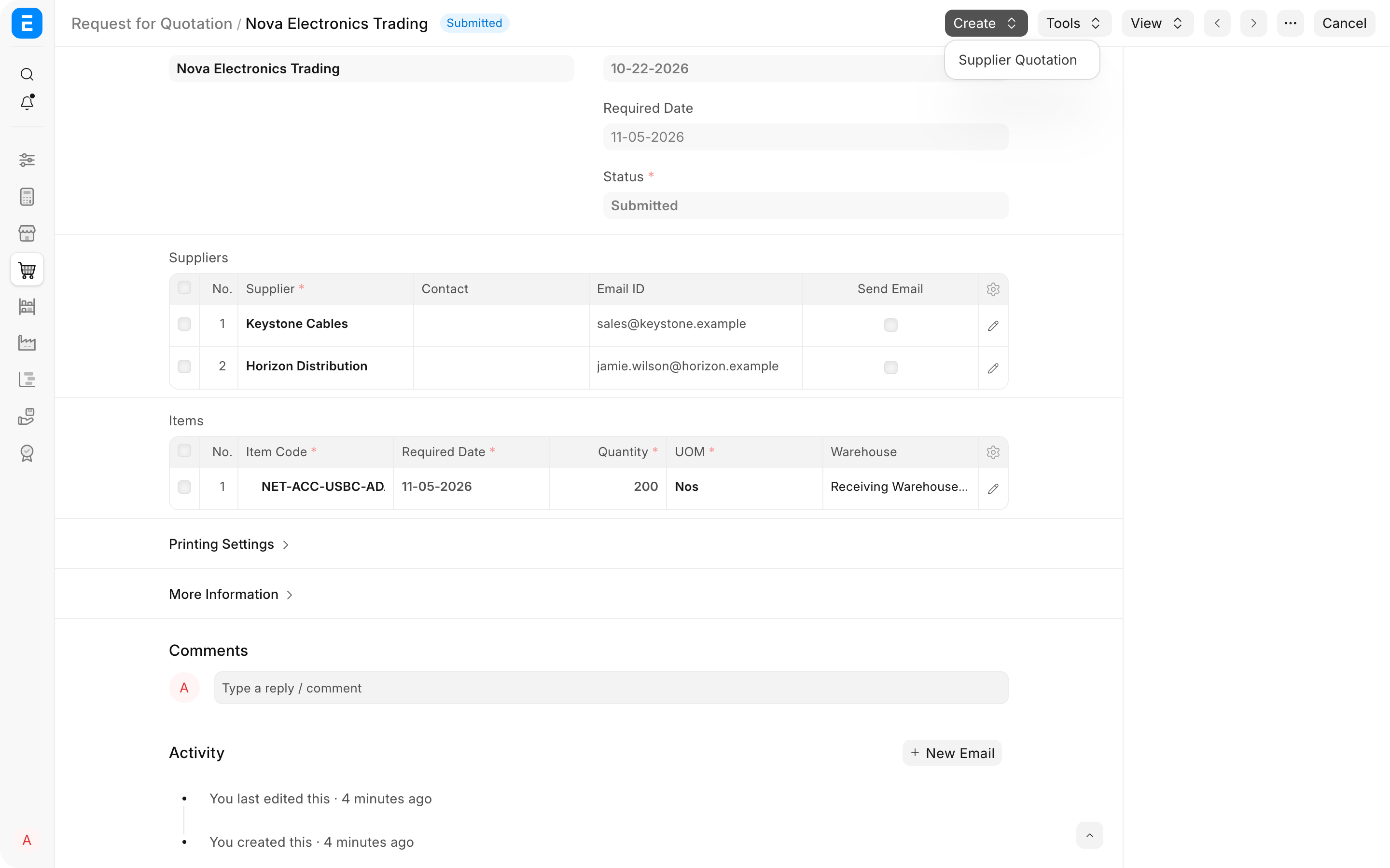 RFQ Create menu showing the Supplier Quotation action