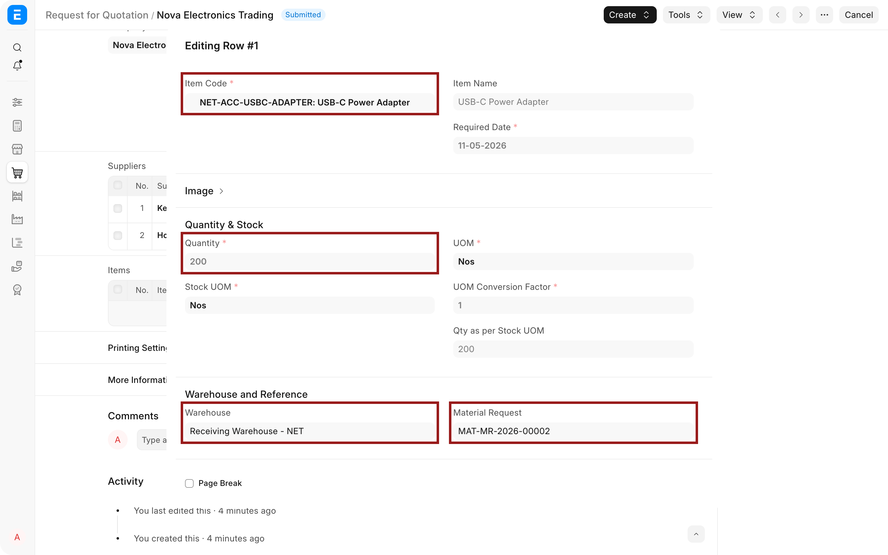RFQ item details with quantity, warehouse, and Material Request reference highlighted