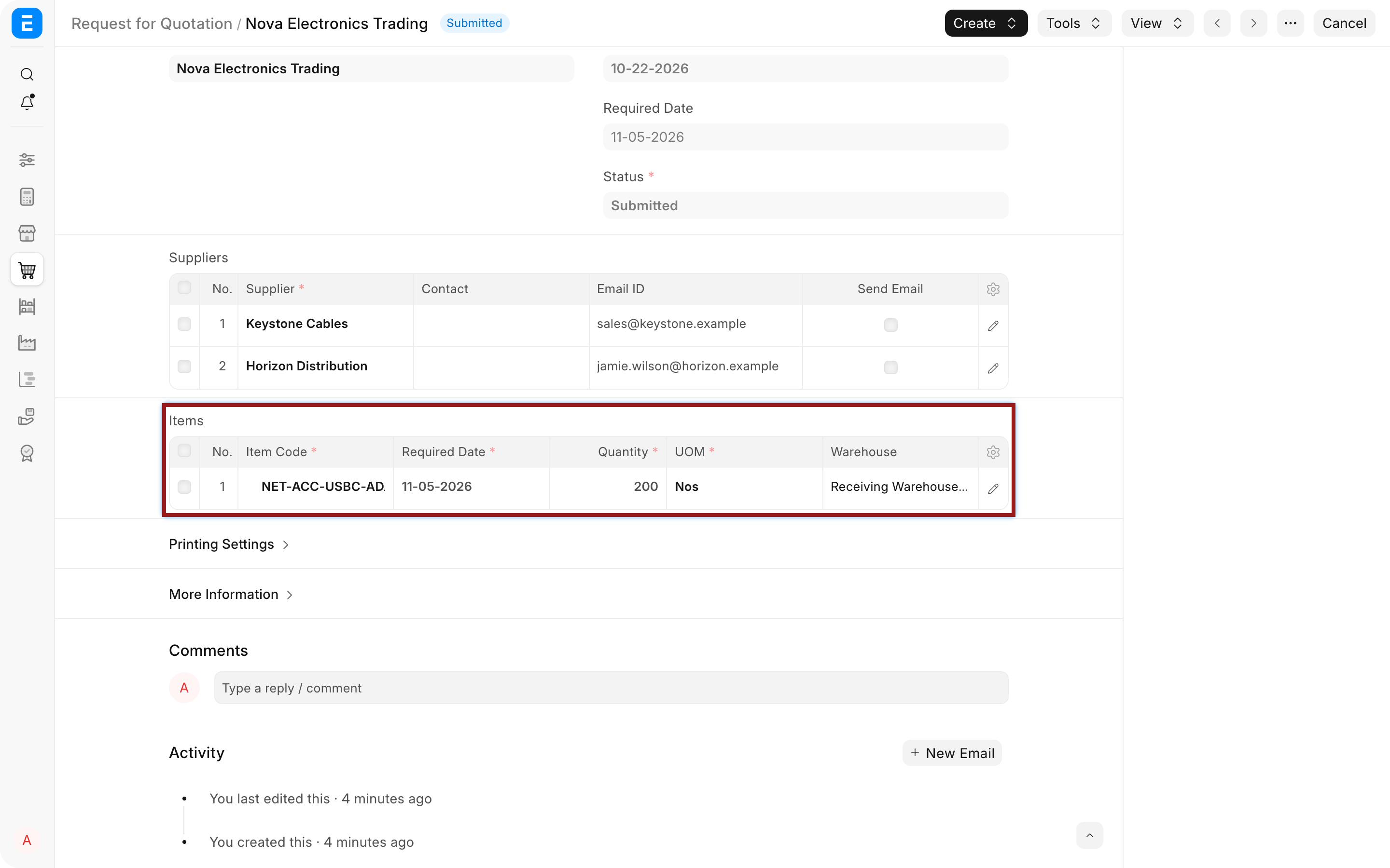 RFQ item table with the requested adapter quantity highlighted
