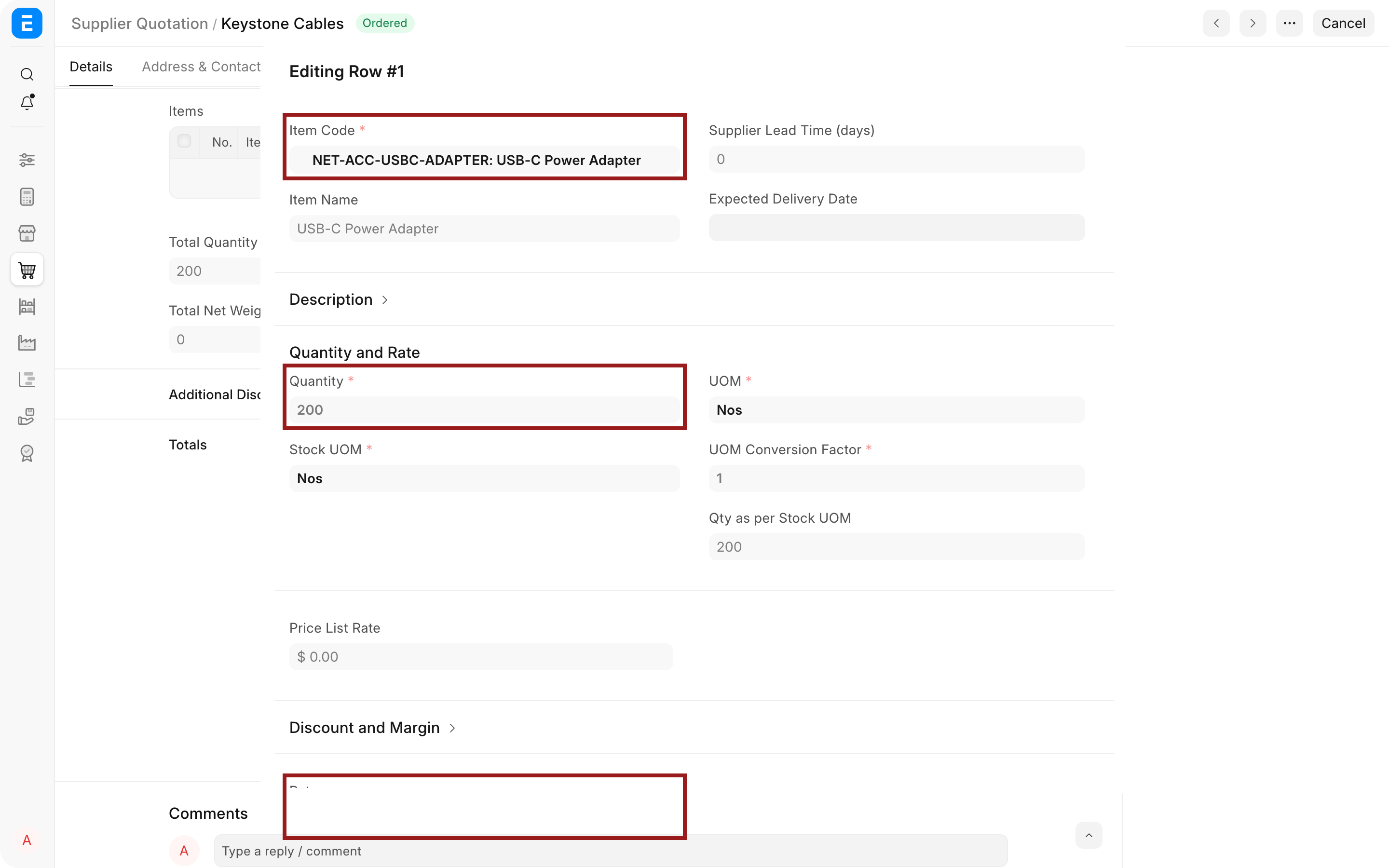 Supplier Quotation item editor with Item, Quantity, and Rate highlighted