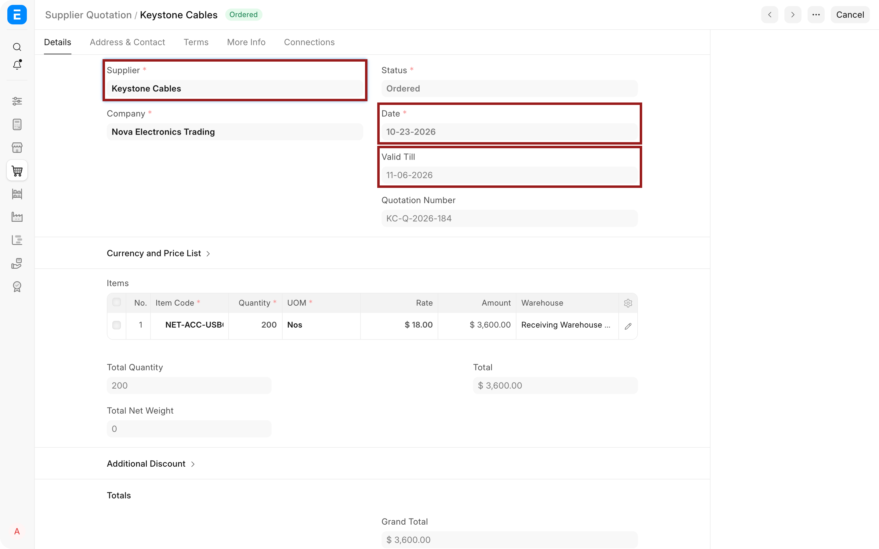 Supplier Quotation supplier, date, and validity highlighted