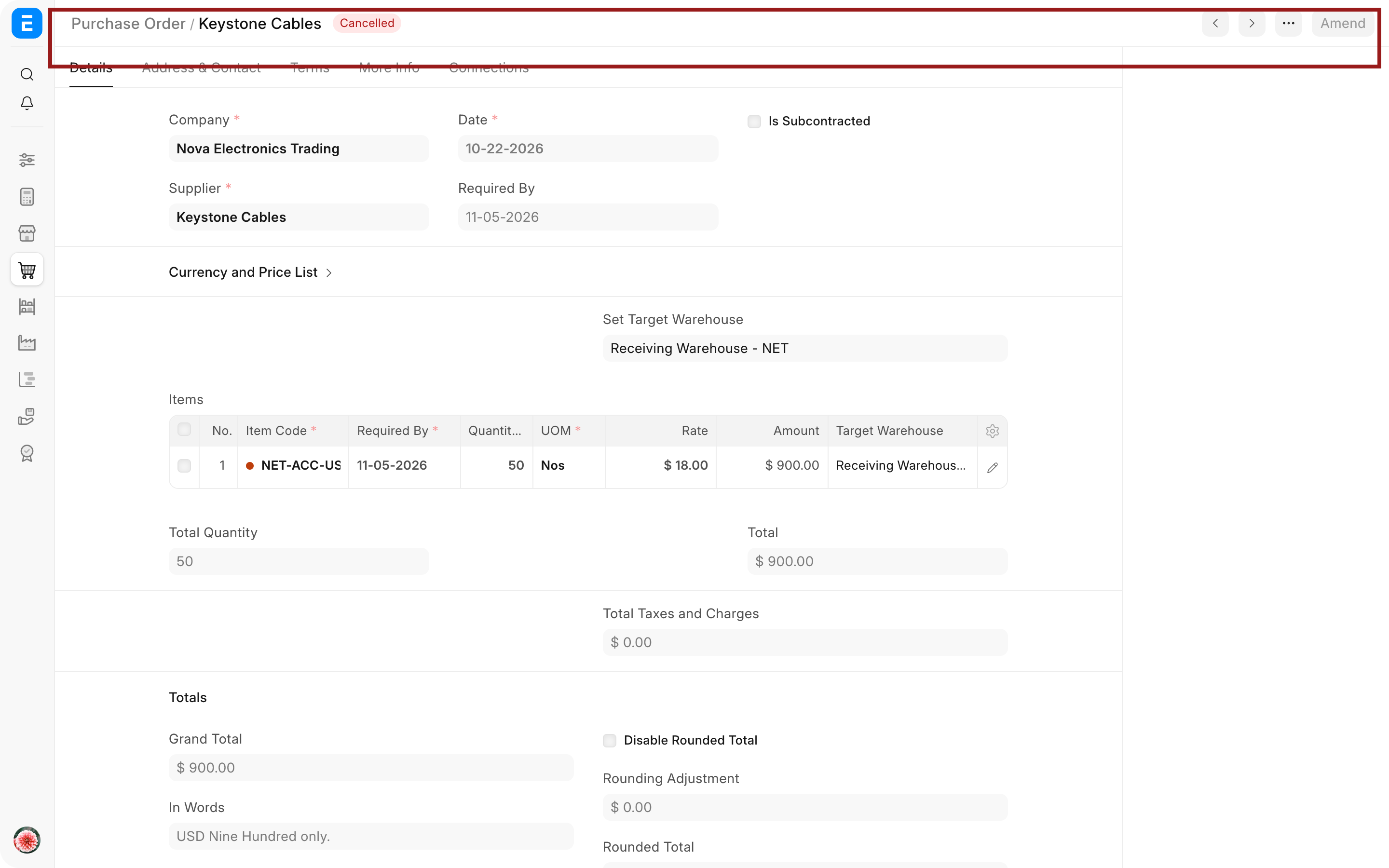 Cancelled Purchase Order with Amend action and amended-from relationship visible
