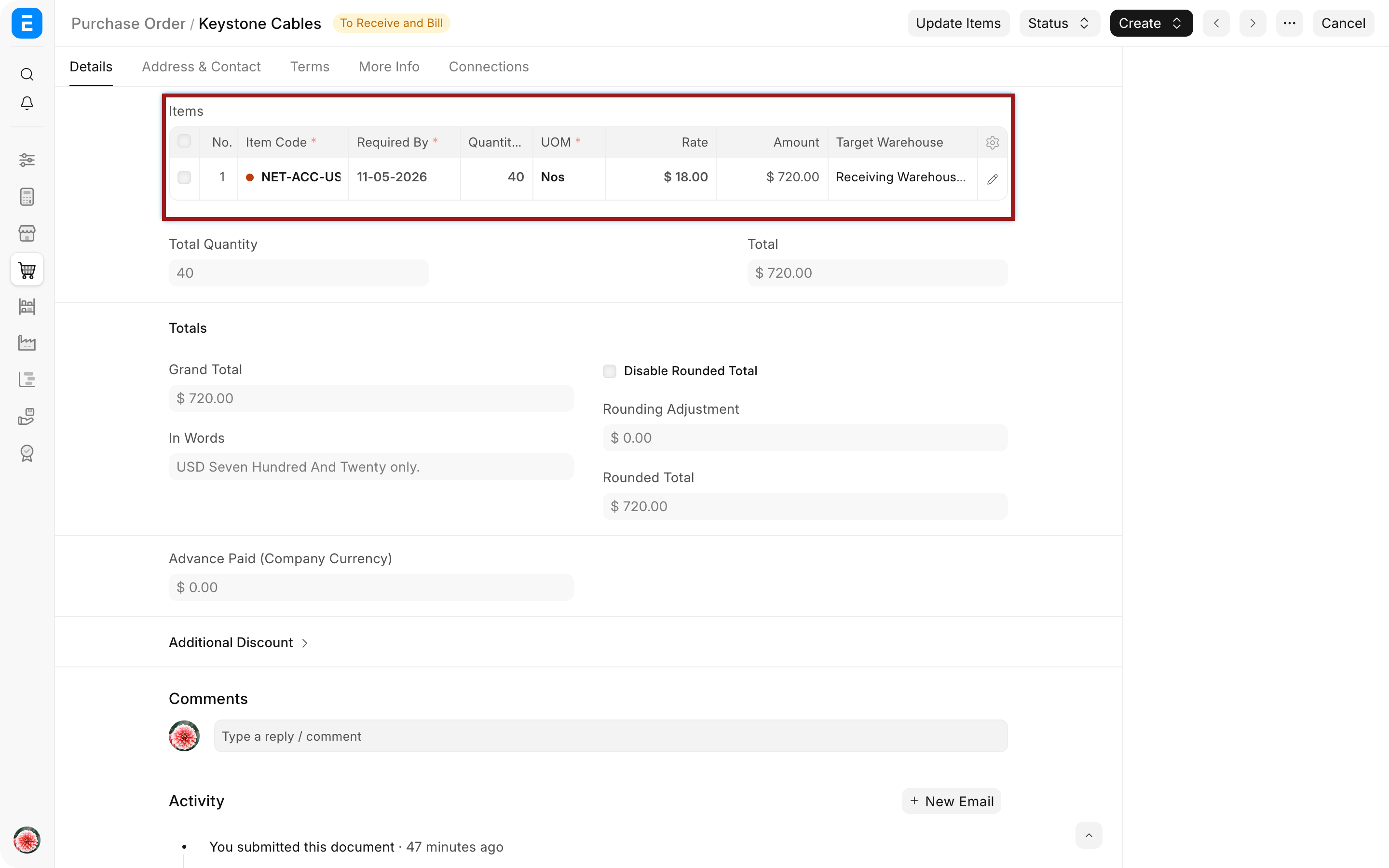 Amended Purchase Order showing the revised quantity and link to the original order