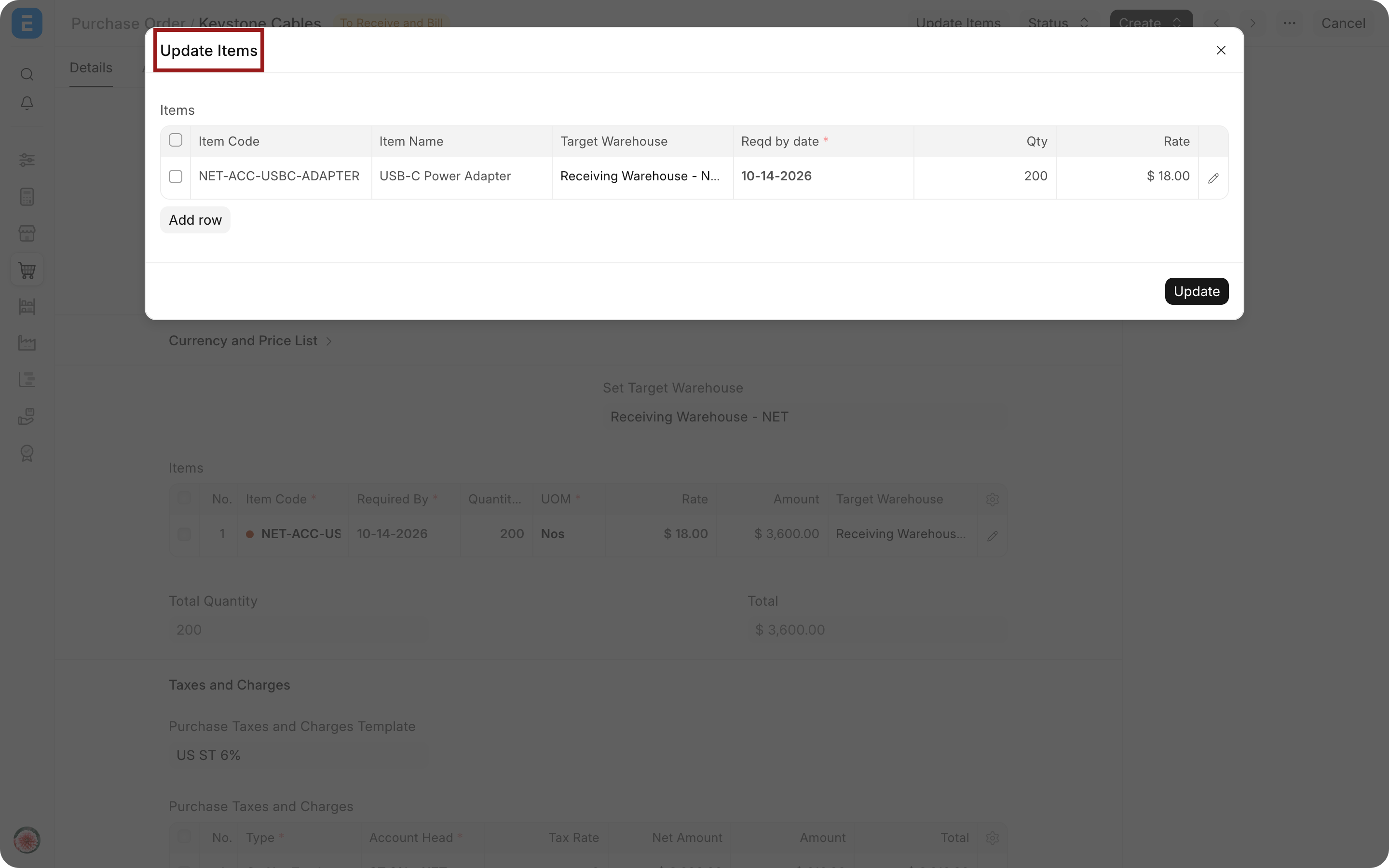 Submitted Purchase Order with Update Items highlighted