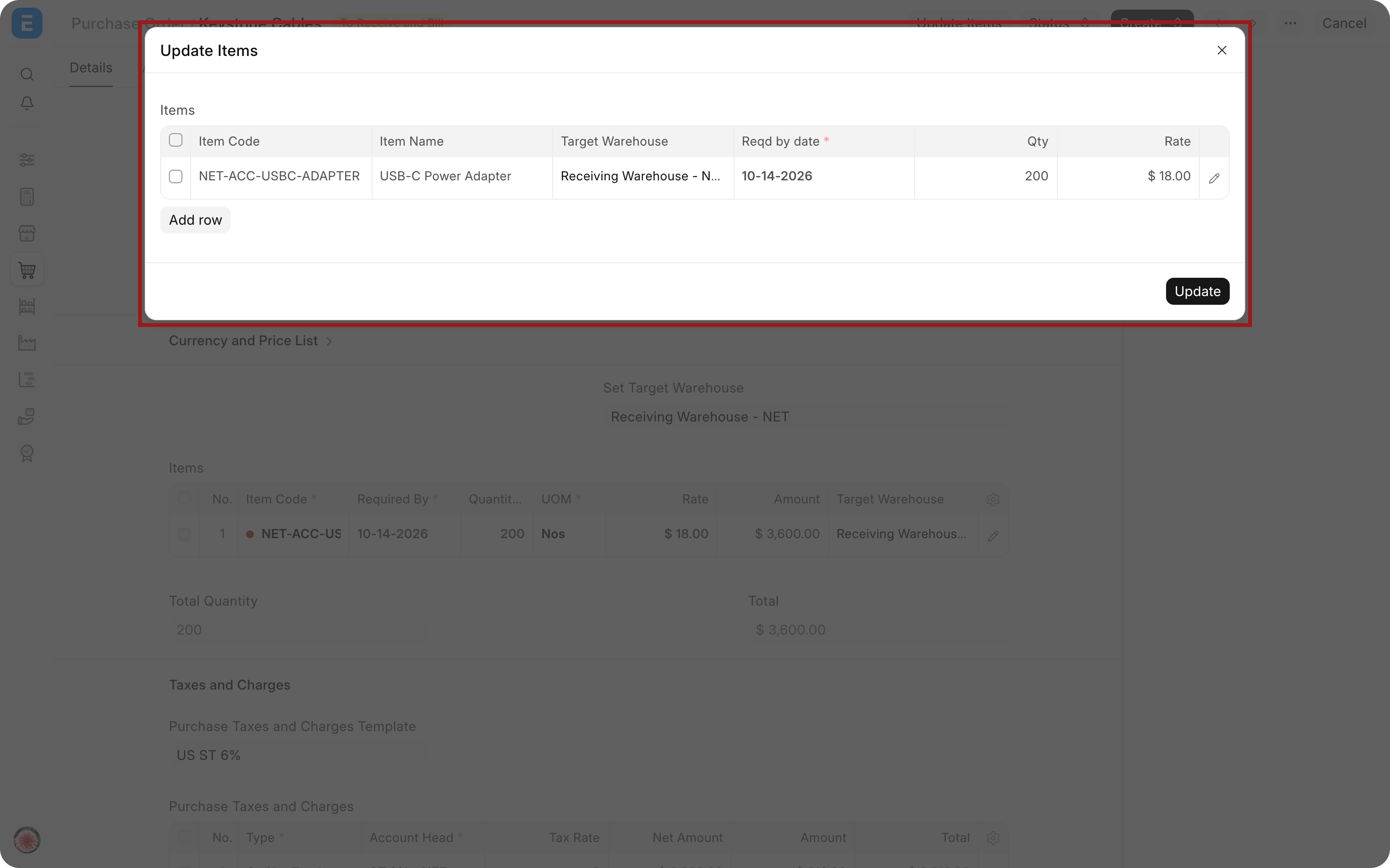 Update Items dialog with quantity and rate fields highlighted and the native modal overlay visible