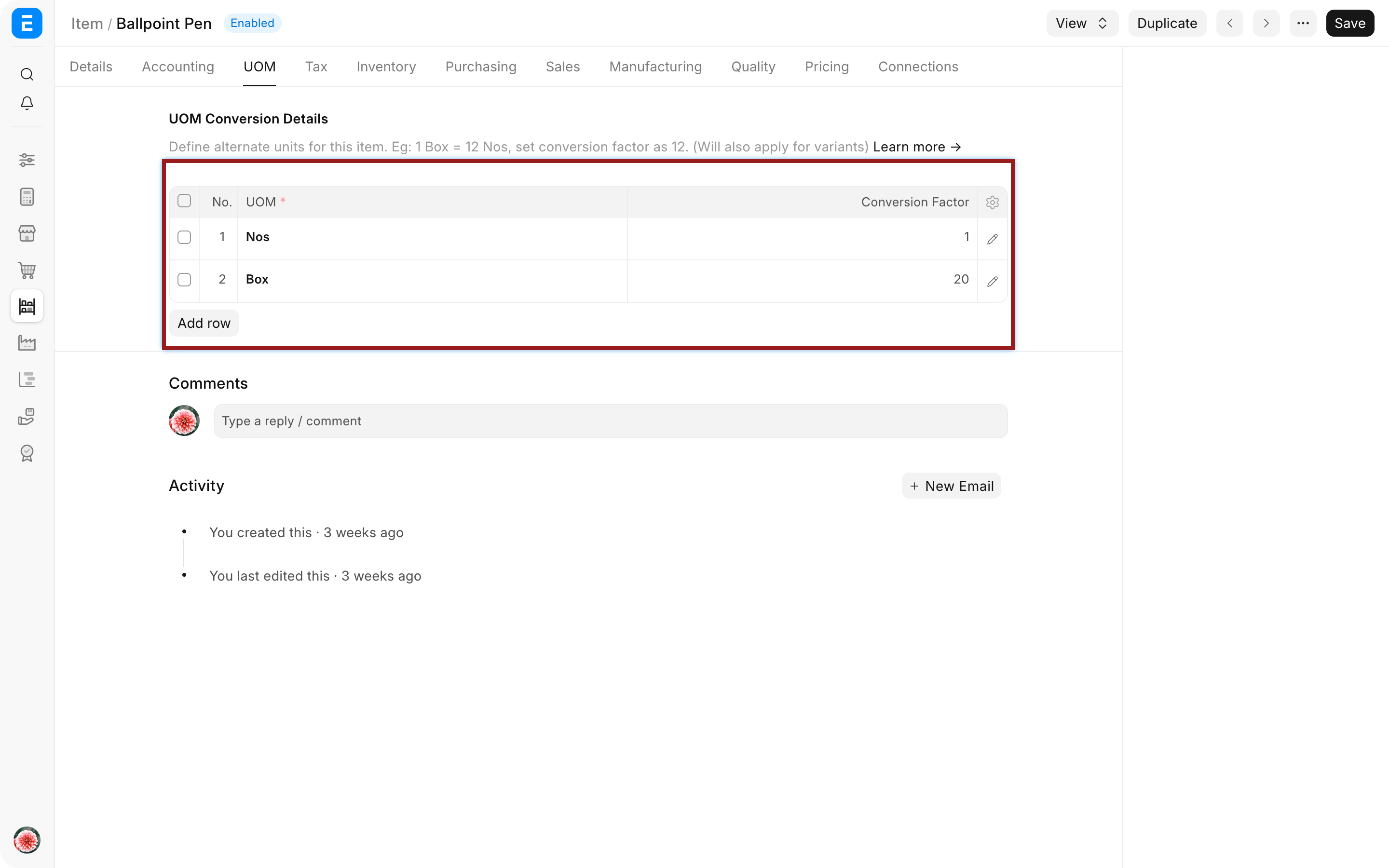 Item master showing Stock UOM Nos, Purchase UOM Box, and conversion factor 20