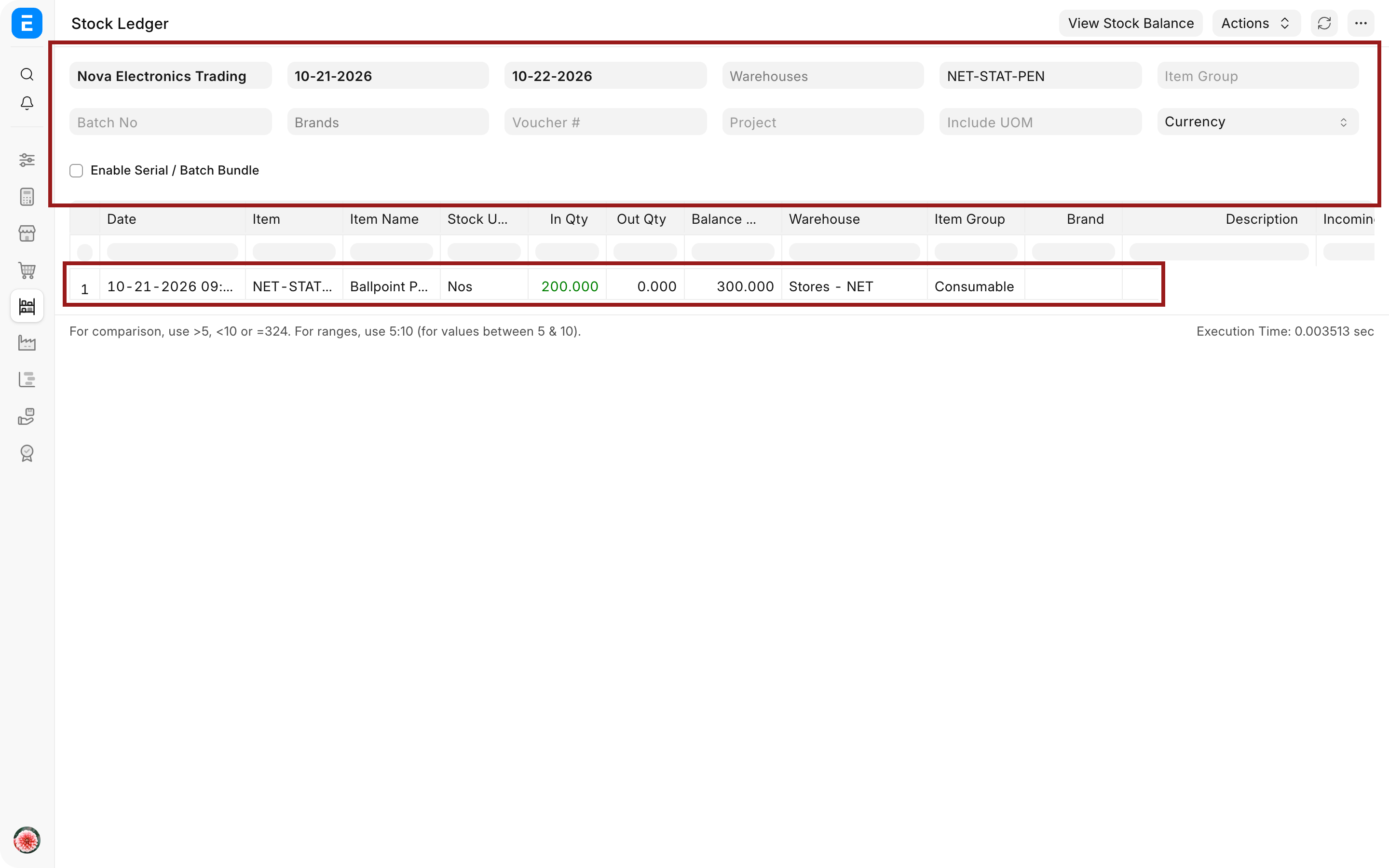 Stock Ledger showing the received quantity in Nos