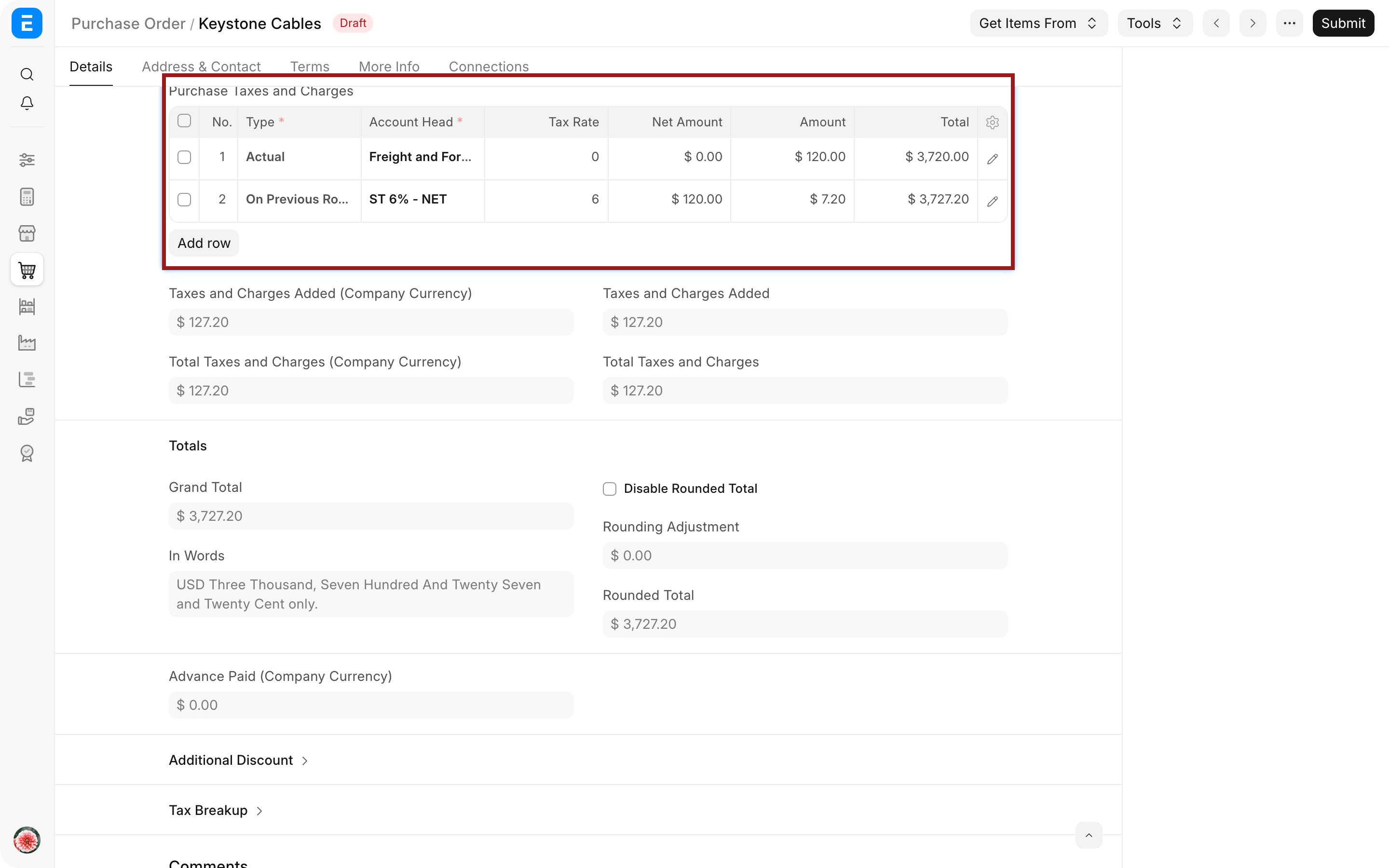 Purchase Taxes and Charges table showing the freight row and tax calculated on that row