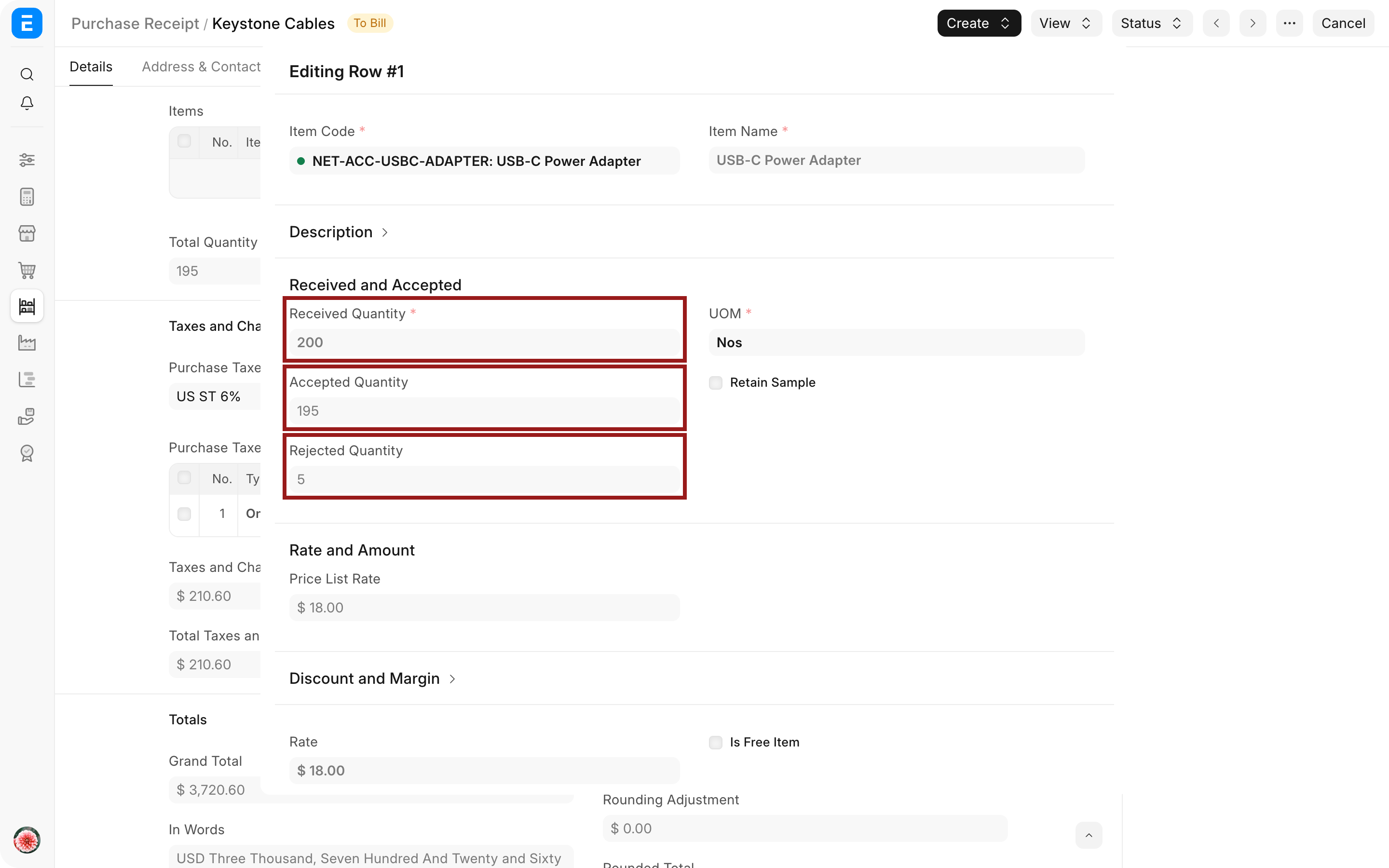 Purchase Receipt item editor showing accepted quantity, rejected quantity, warehouses, and Purchase Order reference