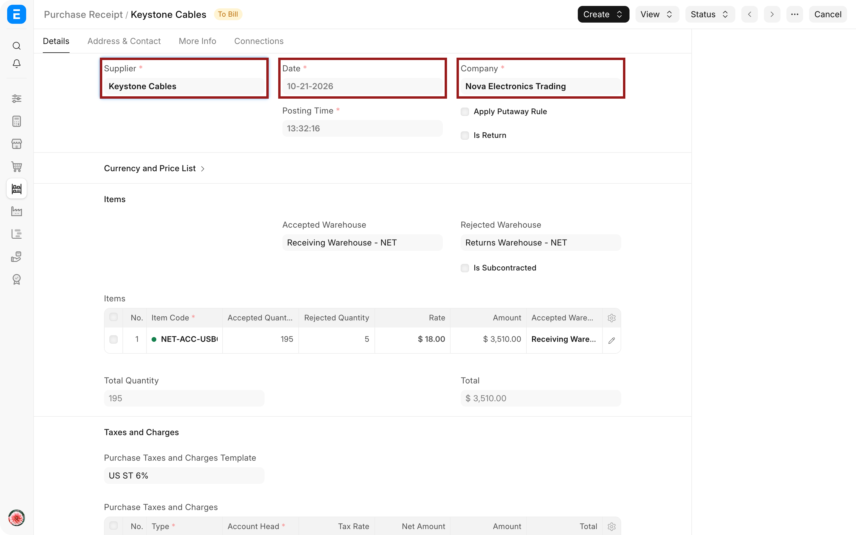 Submitted Purchase Receipt showing the supplier, accepted warehouse, rejected warehouse, and quantities