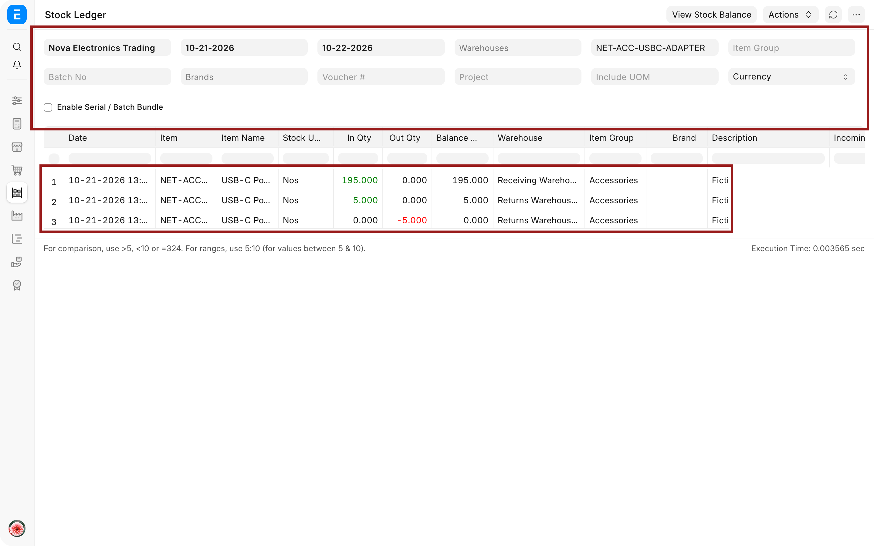 Stock Ledger for the submitted Purchase Receipt showing accepted and rejected movements