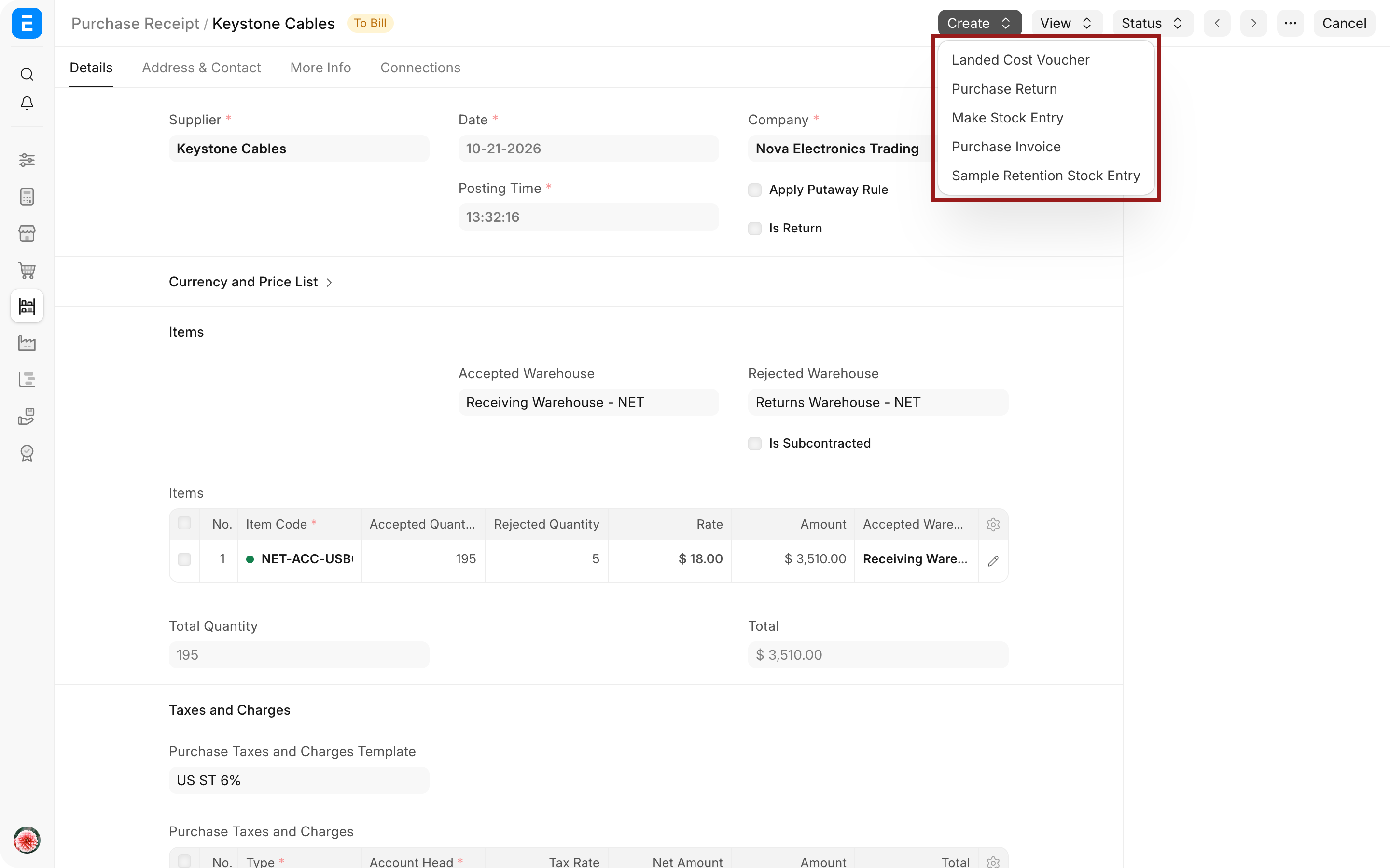Purchase Receipt Create menu with Purchase Return highlighted