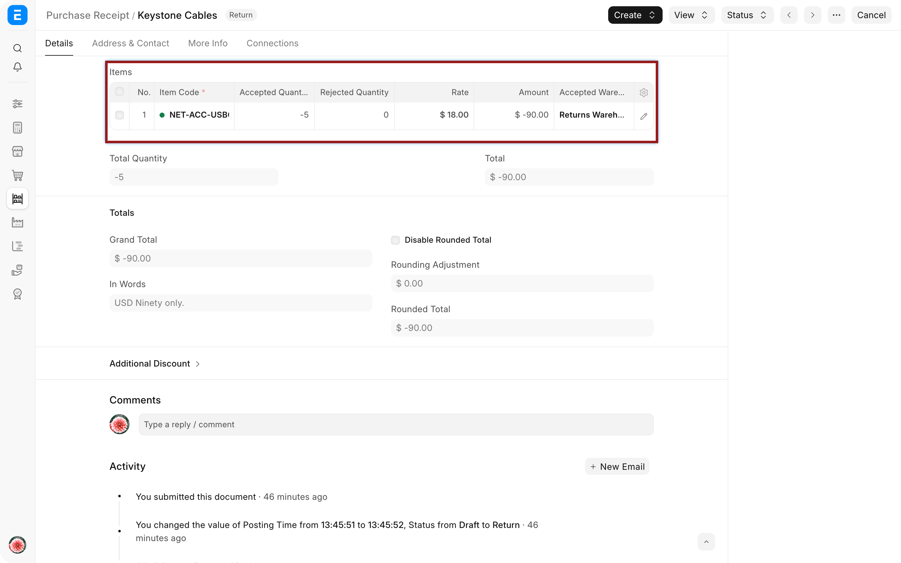 Purchase Return showing Is Return, Return Against, negative quantity, and source warehouse