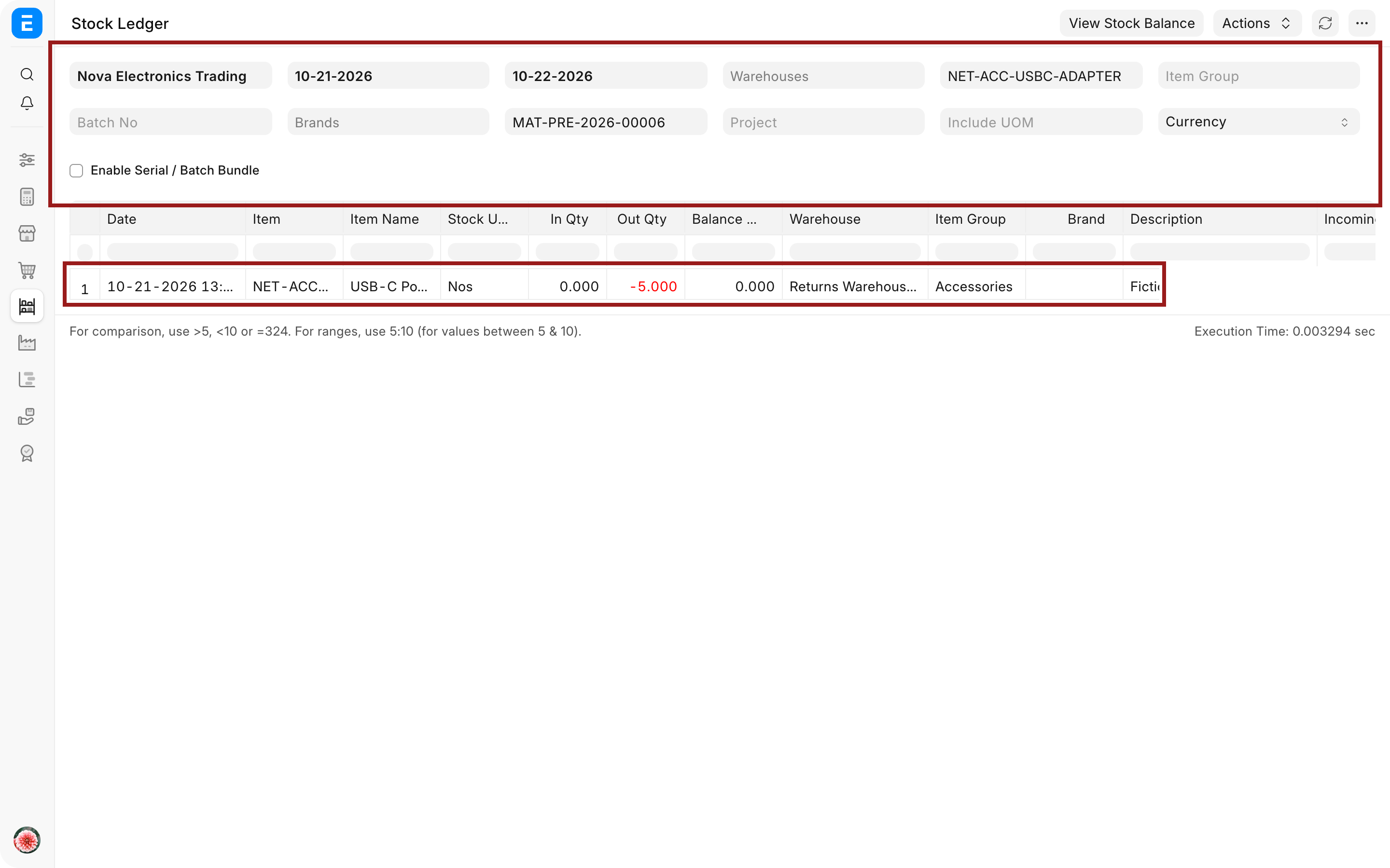 Stock Ledger showing the five-unit Purchase Return from Returns Warehouse