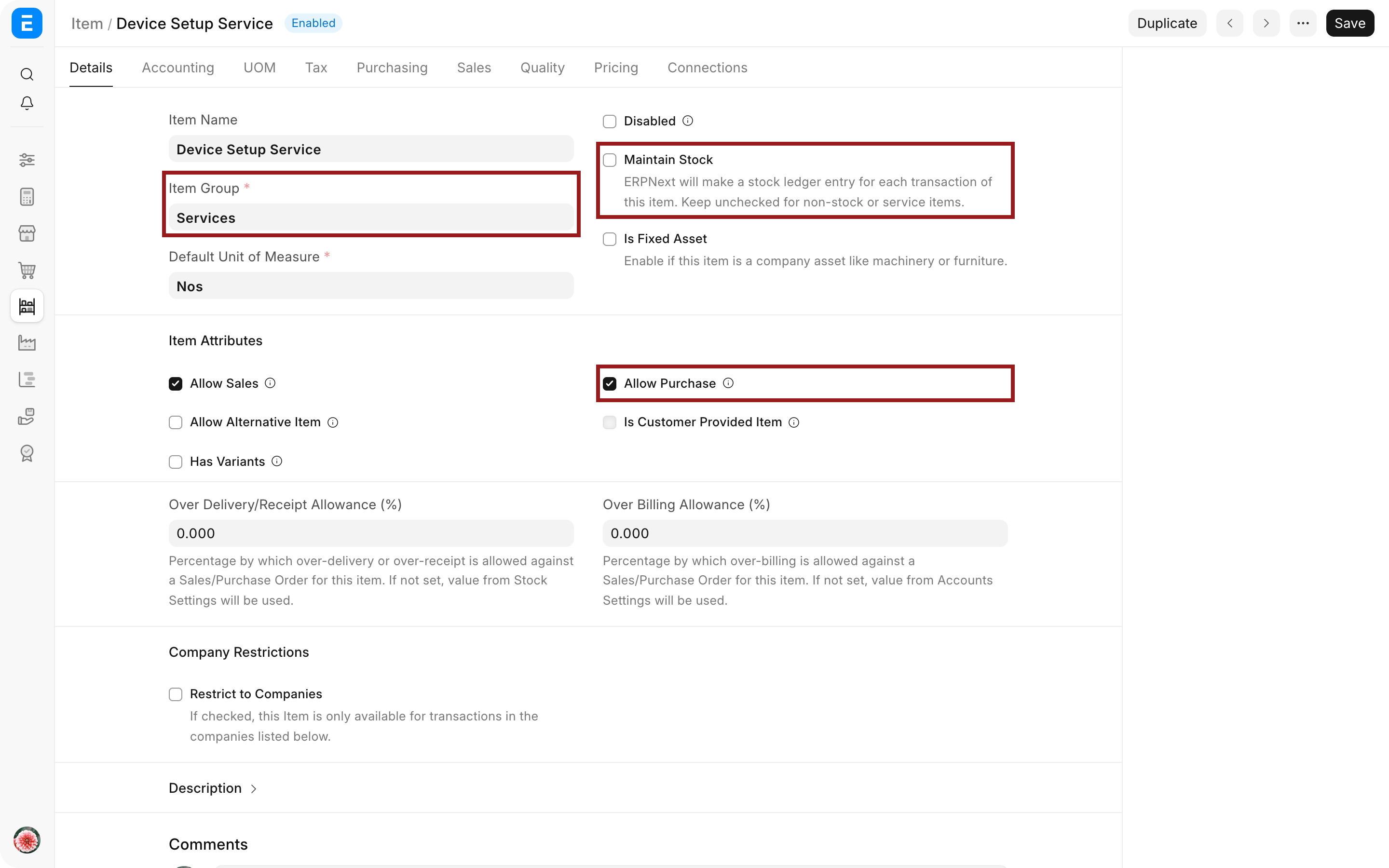 Service Item showing Maintain Stock disabled and purchase use enabled
